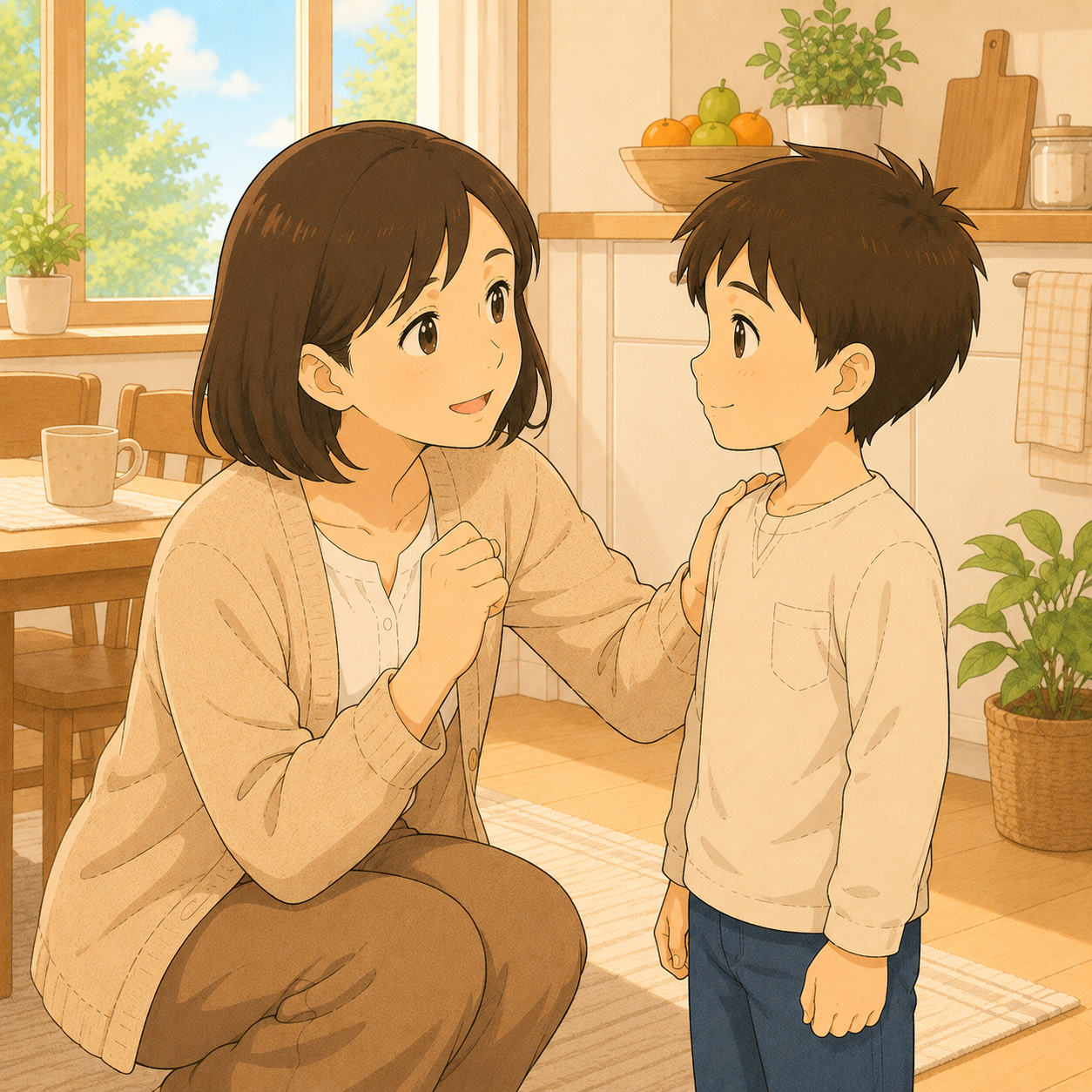 朝の台所で子どもに優しく声をかける母親のイラスト