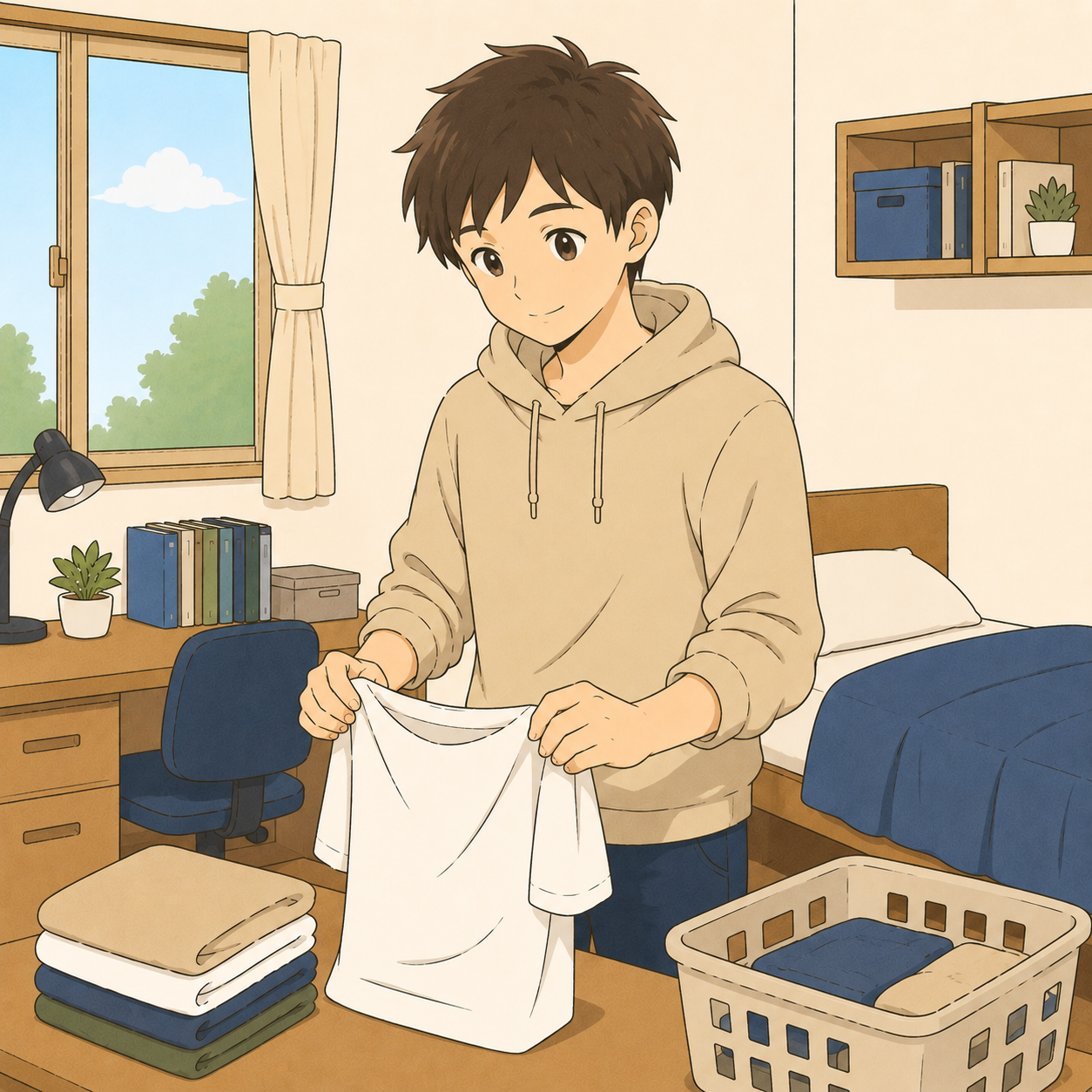寮で自分の洗濯物をたたむ高専生のイラスト
