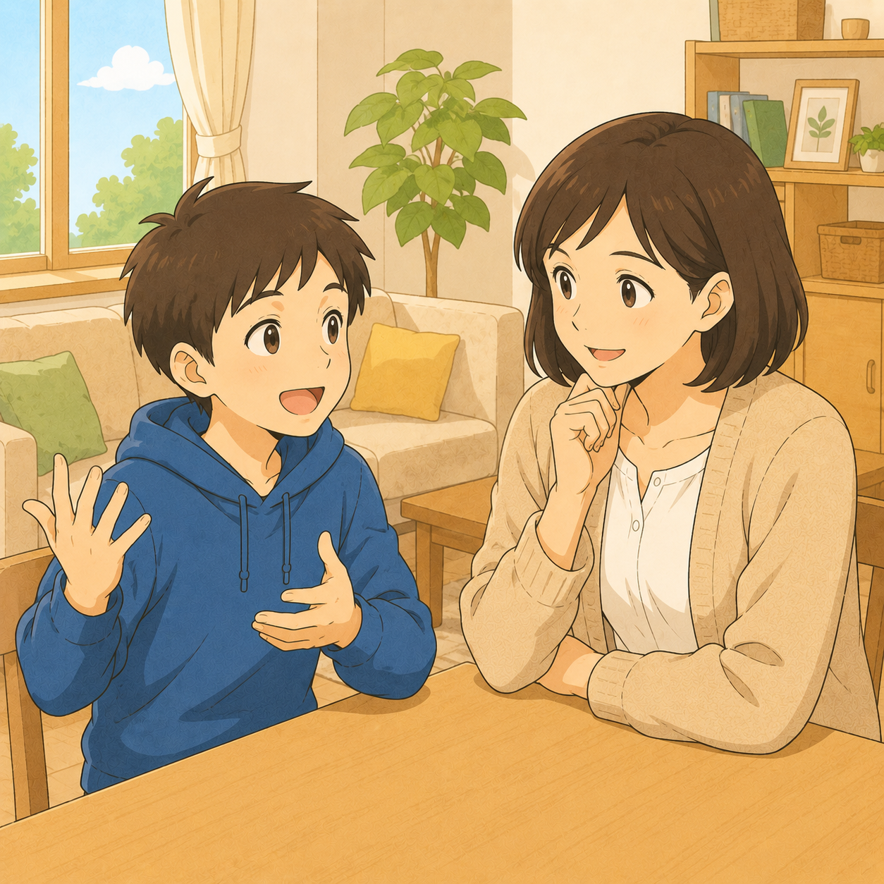 母親に身ぶりで一生懸命説明する男の子のイラスト