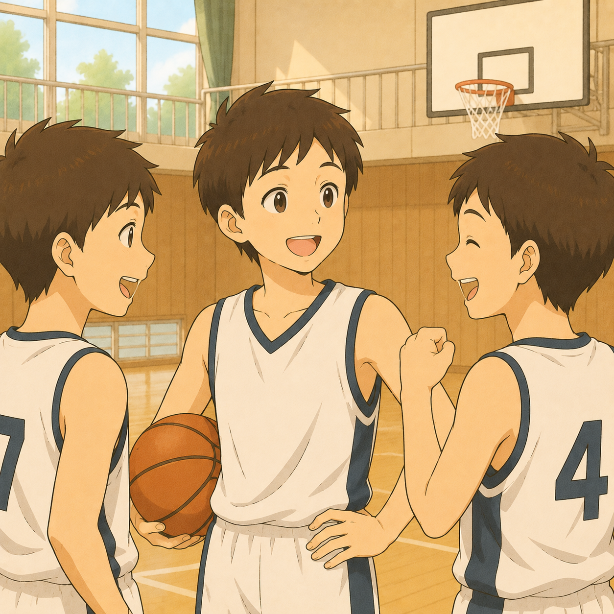 体育館でバスケ仲間と笑い合う中学生のイラスト