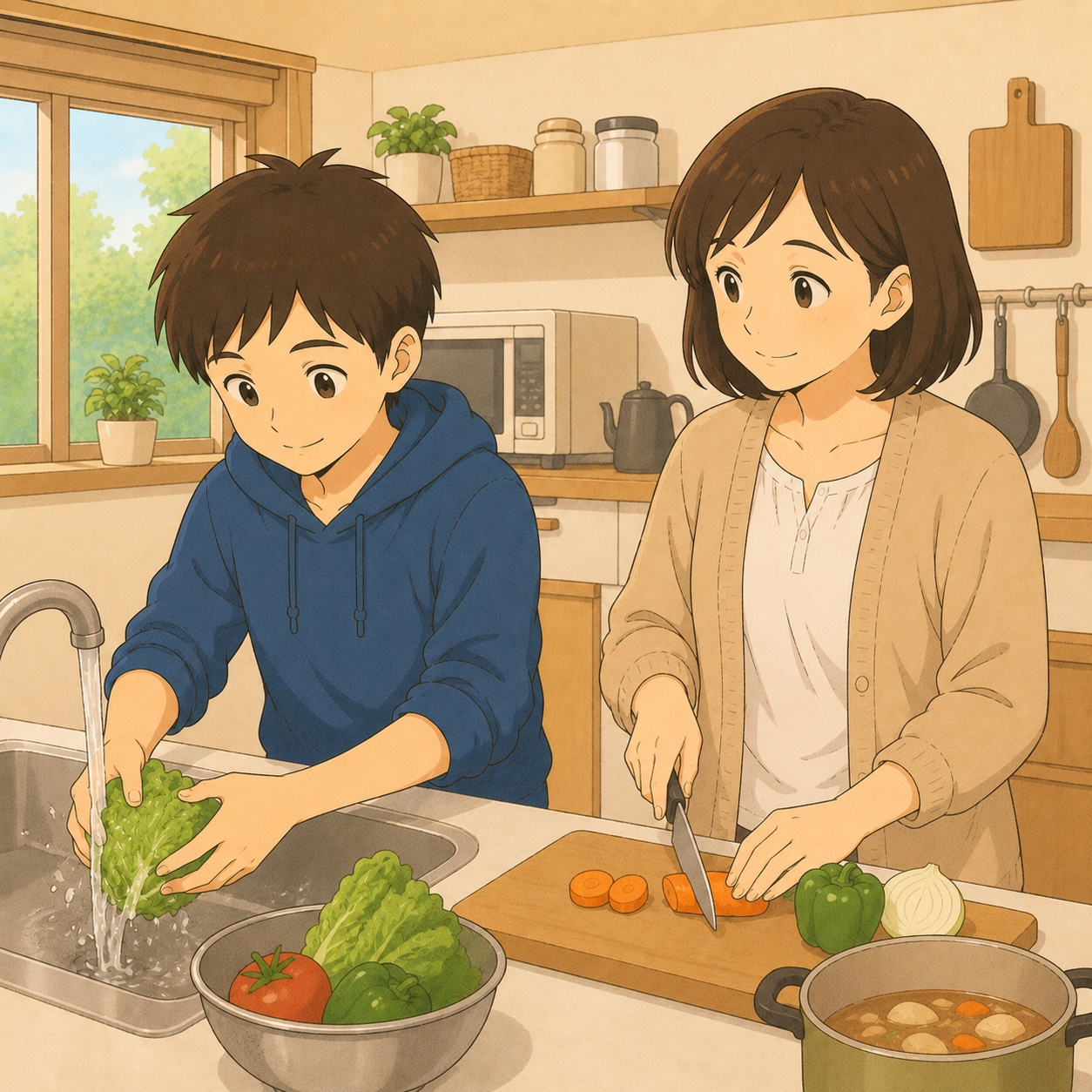 台所で母と一緒に料理を手伝う男の子のイラスト