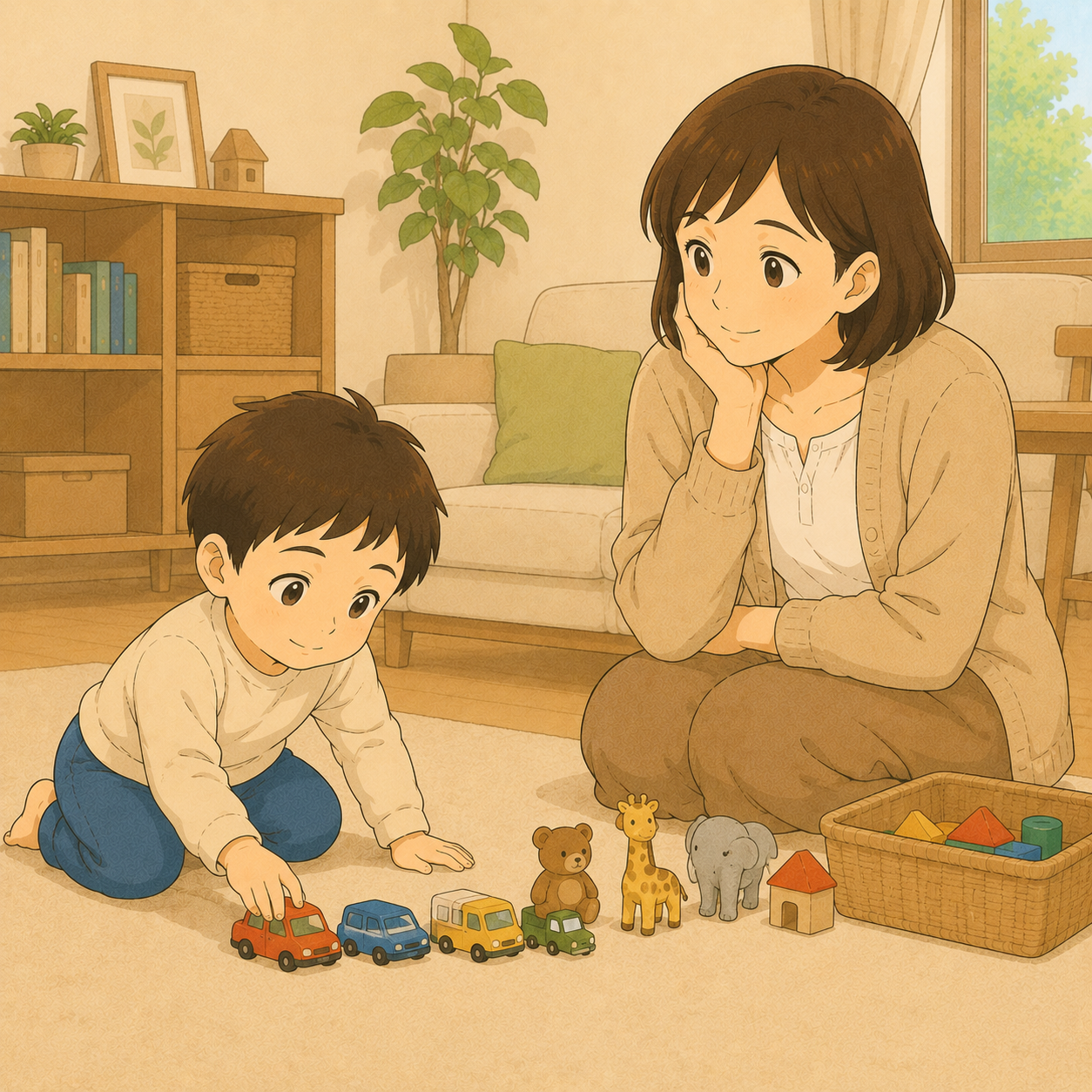 おもちゃを並べる幼児を見守る母親のイラスト