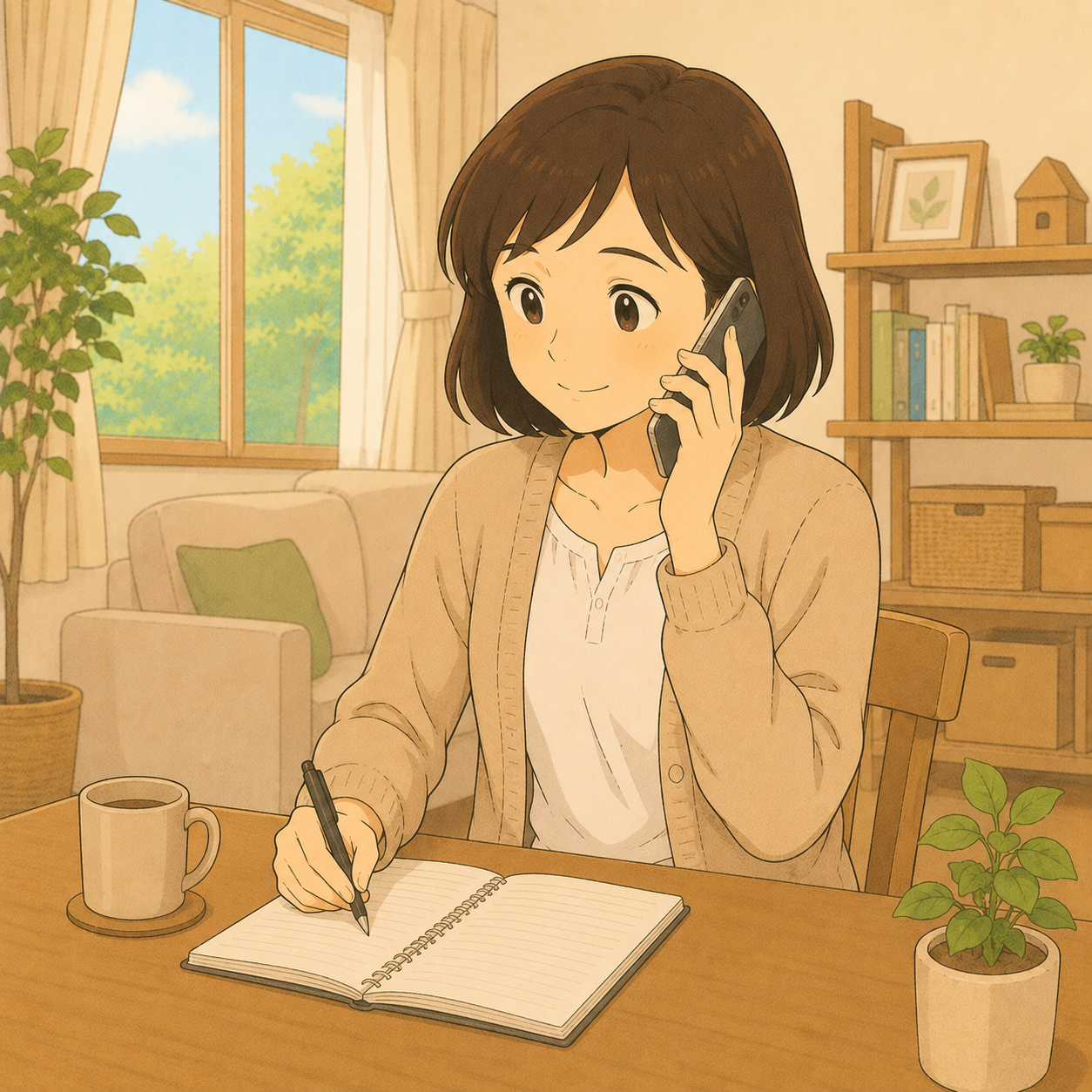 電話で連絡調整をしながらメモを取る母親のイラスト