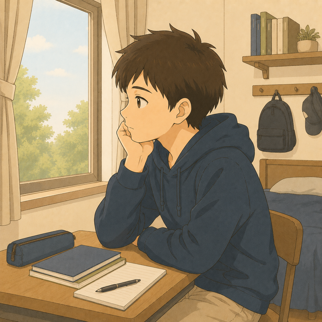 窓辺で物思いにふける思春期の男の子のイラスト