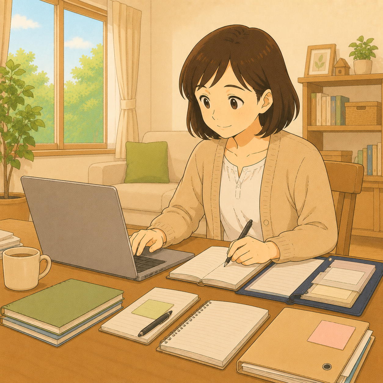 パソコンと資料で情報を調べる母親のイラスト