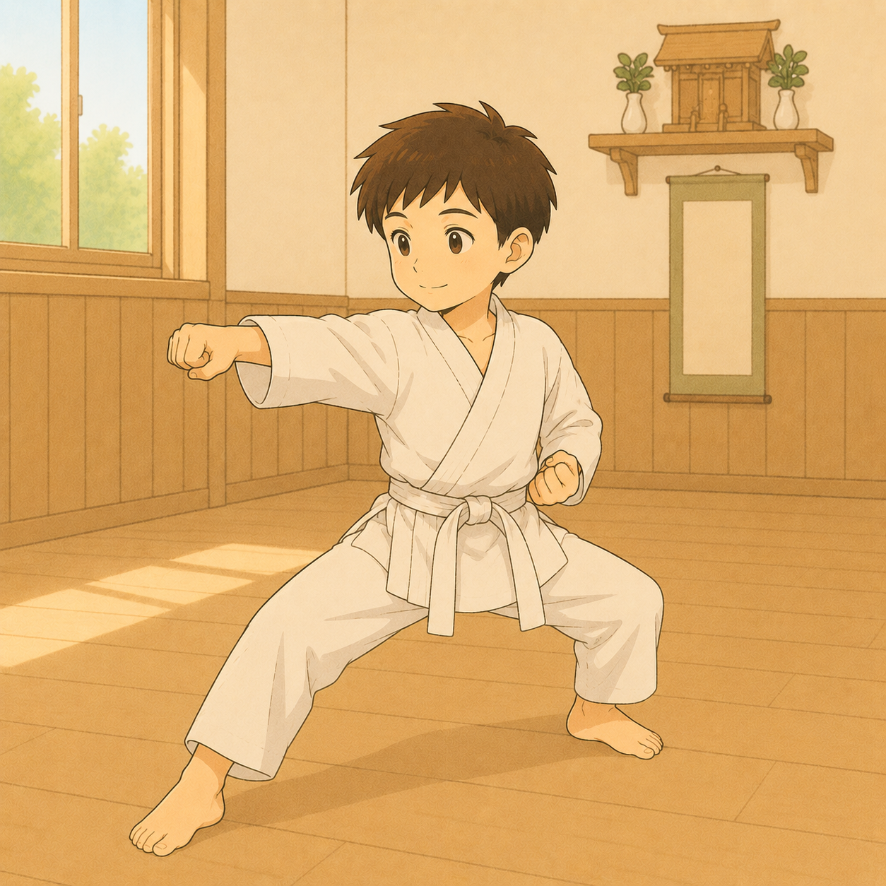道場で空手の練習をする男の子のイラスト