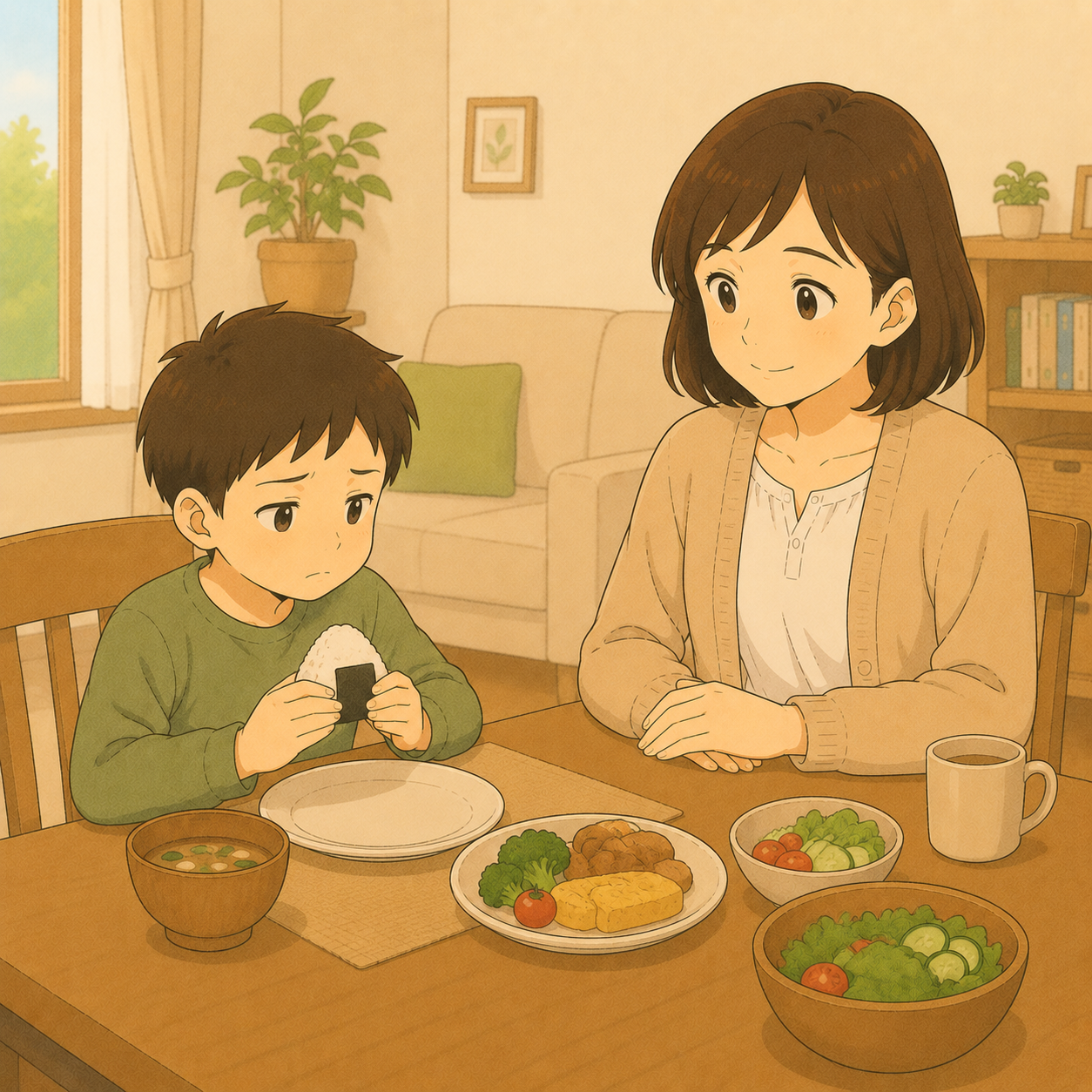食卓で好きなおにぎりだけ食べる男の子と見守る母のイラスト