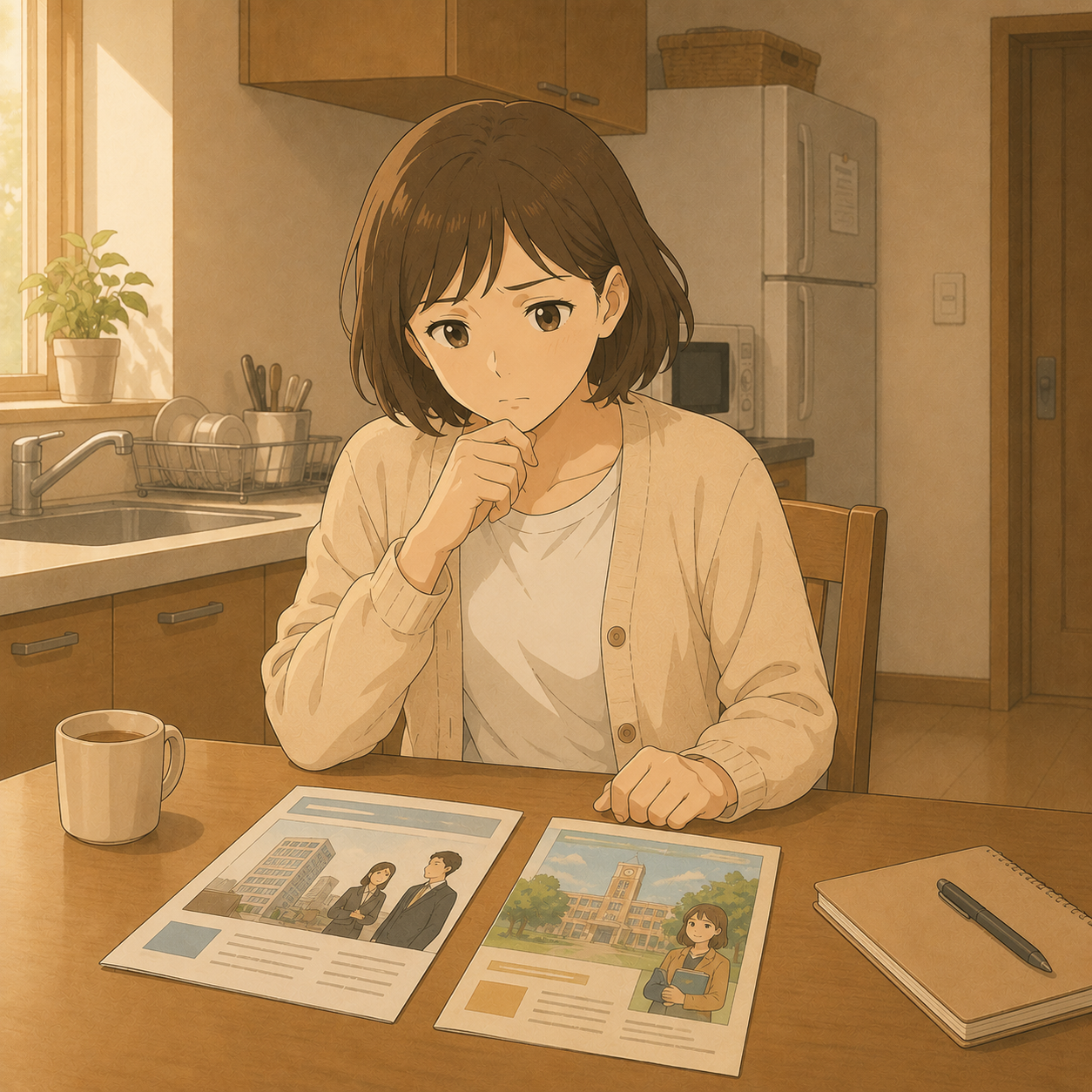 パンフレットを見比べるお母さん