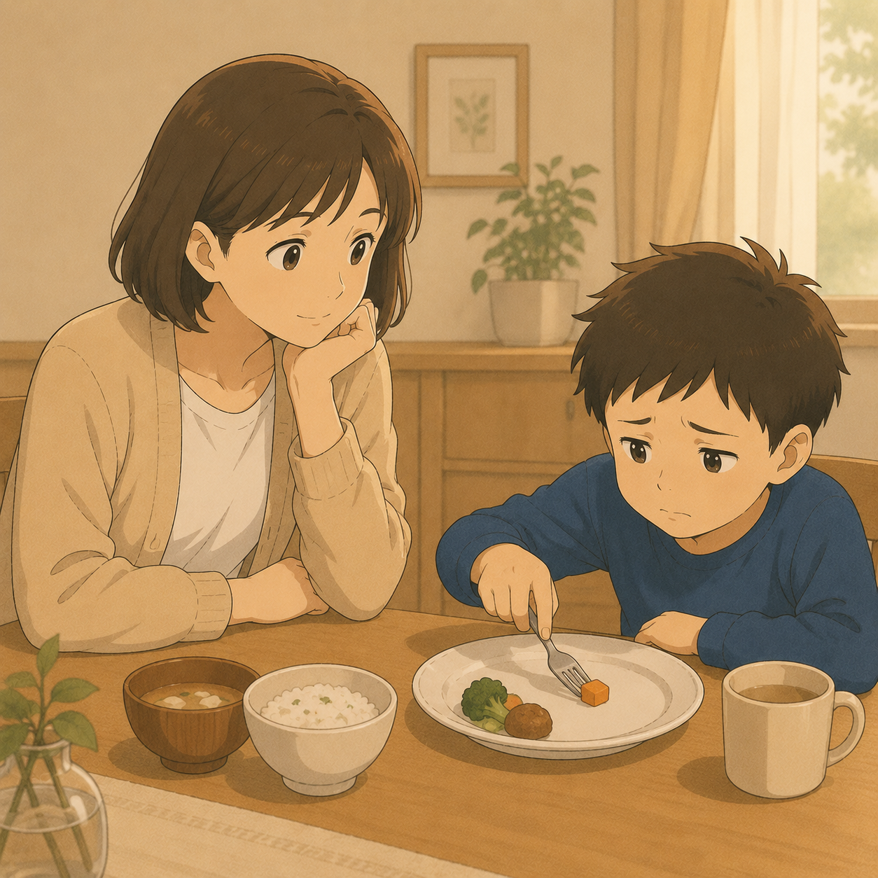 食卓で食べ物を前に困った表情を見せる息子と、それを見守る母