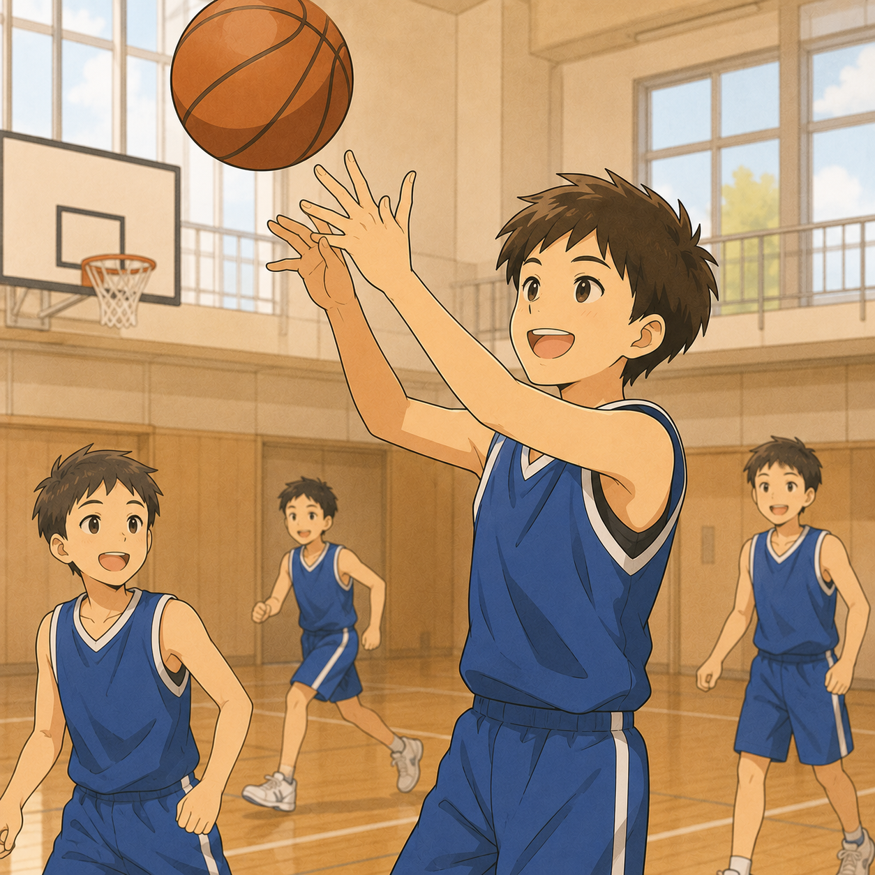 体育館でバスケットボールを楽しむ中学生のイラスト