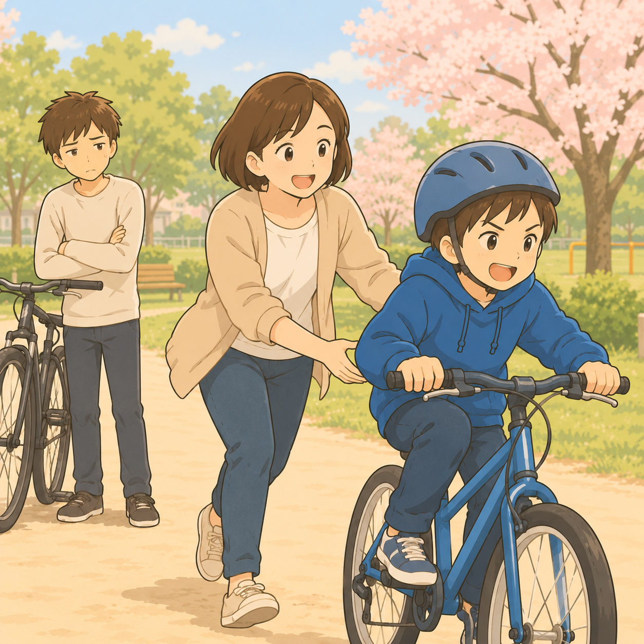 公園で子どもの自転車の練習を支える母のイラスト
