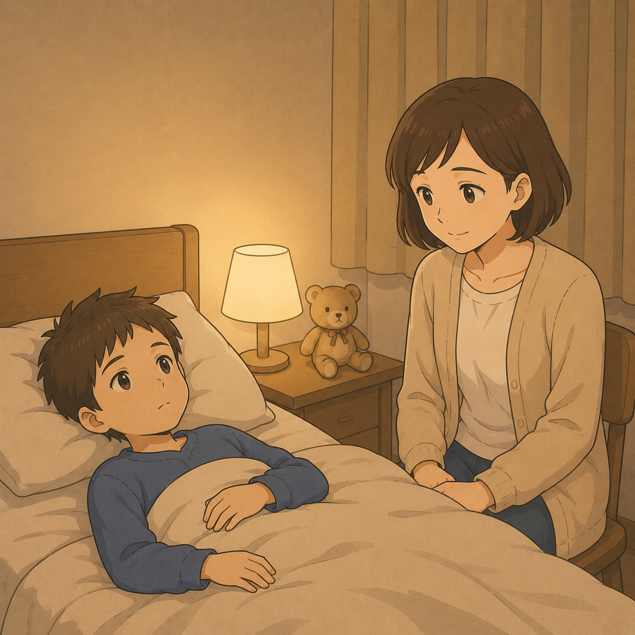 夜の寝室で眠れない子のそばに寄り添う母のイラスト