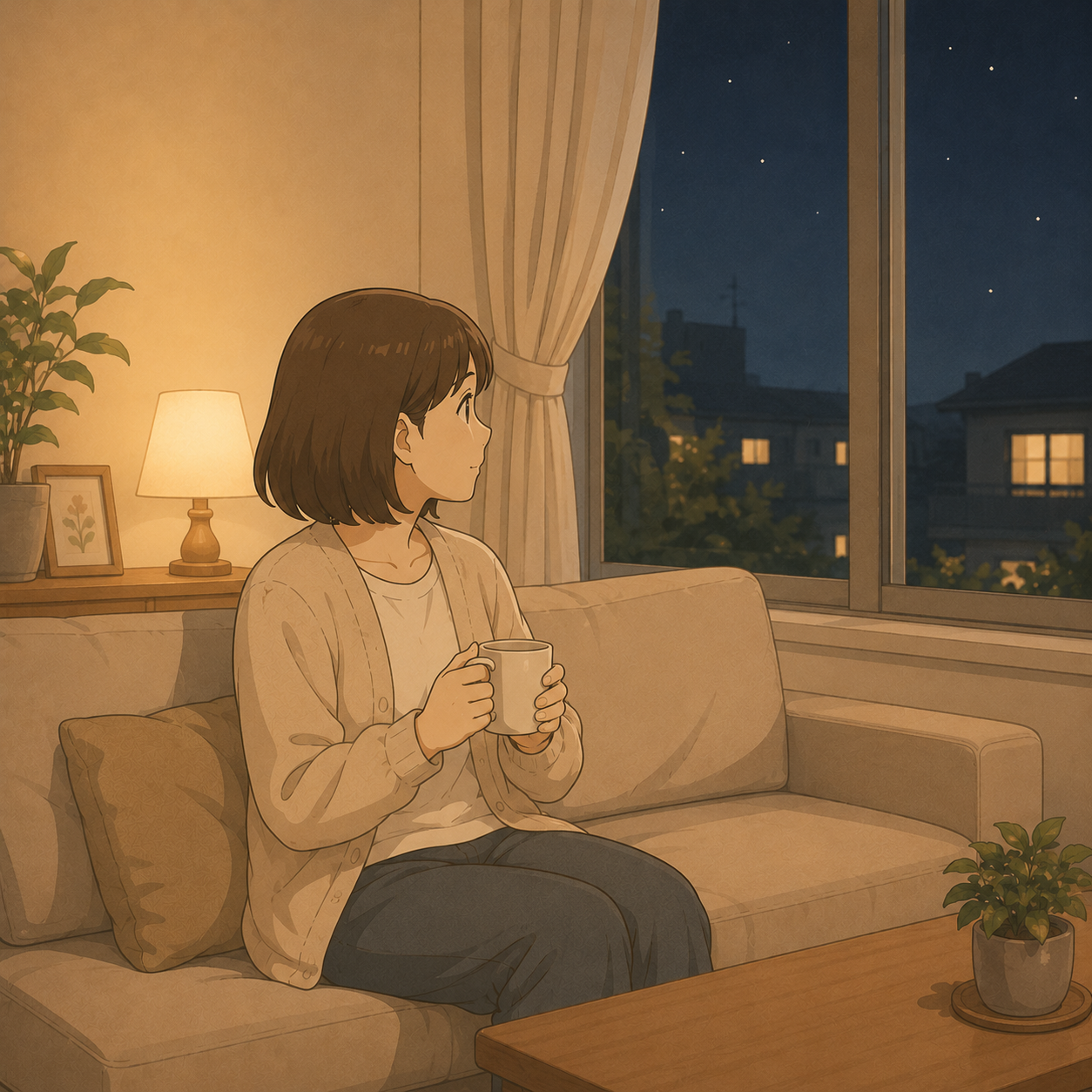 夜の窓辺でひとりお茶を飲む母のイラスト