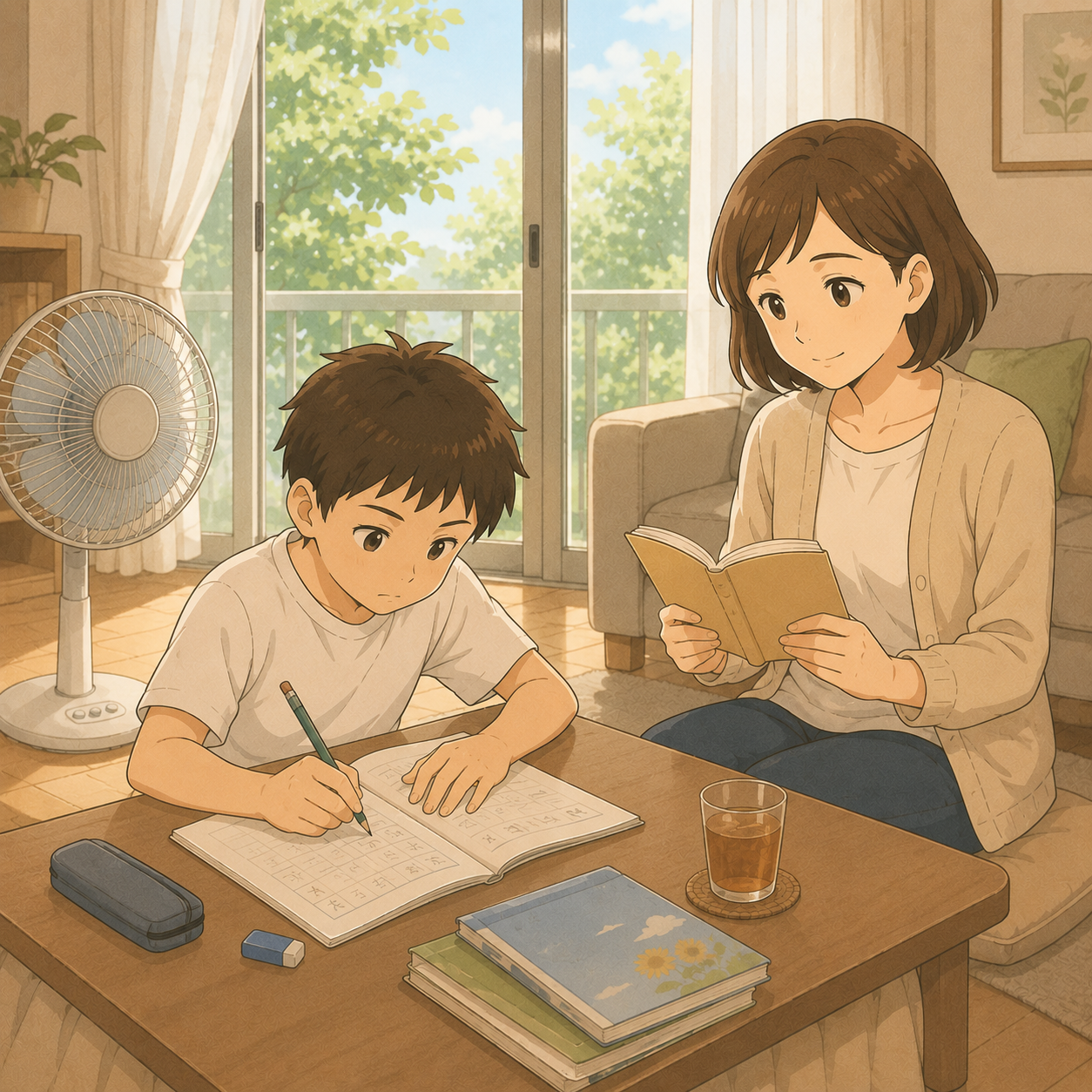 夏の家で子どもの勉強を見守りながら本を読む母のイラスト