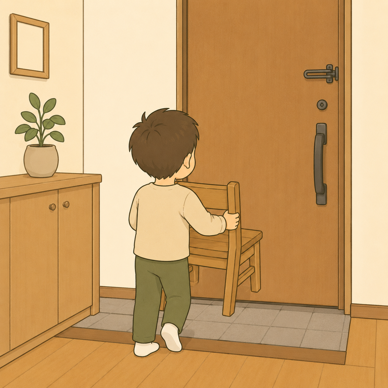 椅子を運んで玄関の高い鍵に手を伸ばす男の子のイラスト