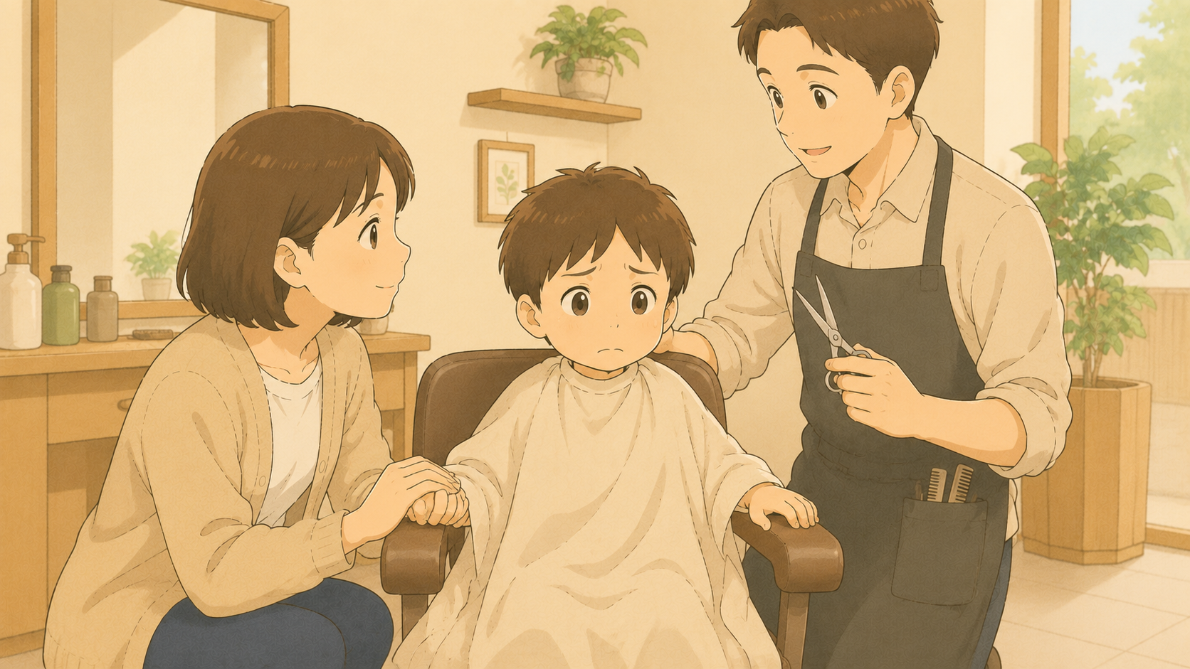 散髪の椅子で緊張する子に寄り添う母親のイラスト