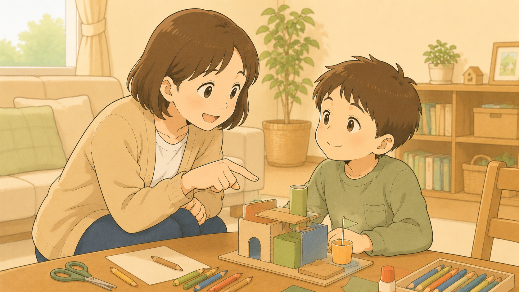 子どもの作った工作を具体的にほめる母親のイラスト