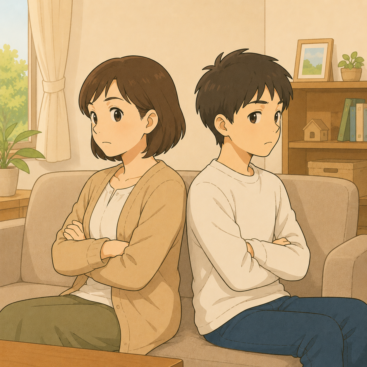 ソファで背中合わせに座る母と息子のイラスト