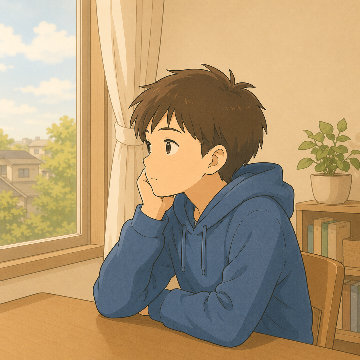 窓辺で将来を思い描けずぼんやり考える中学生のイメージイラスト