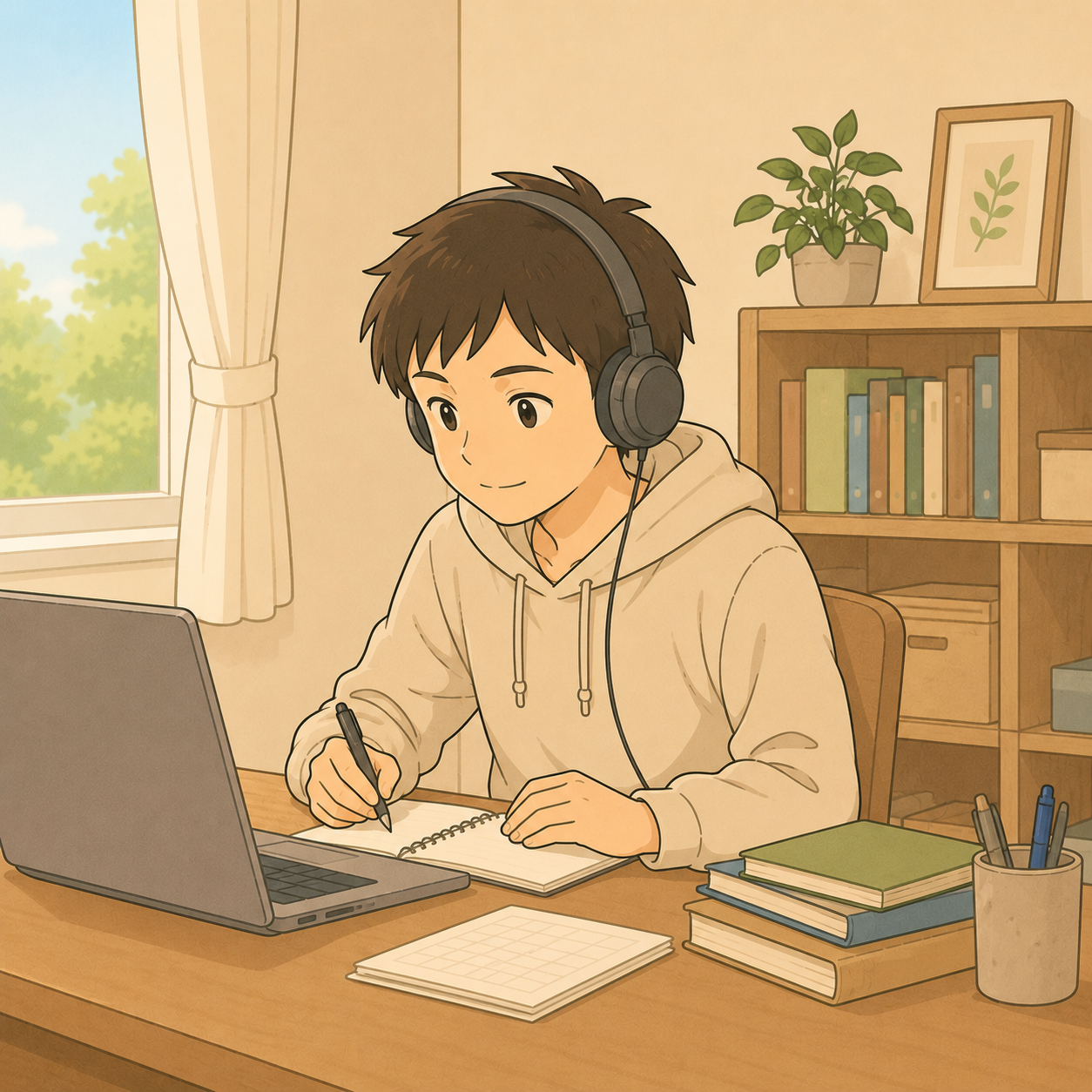 自宅でオンライン授業を受ける中学生のイメージイラスト