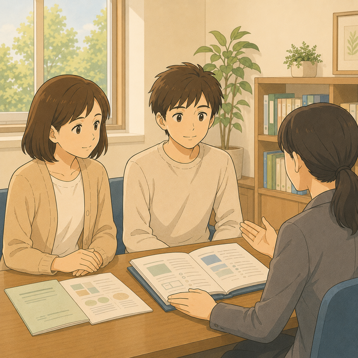 大学で受験の配慮について相談する母と高校生のイメージイラスト