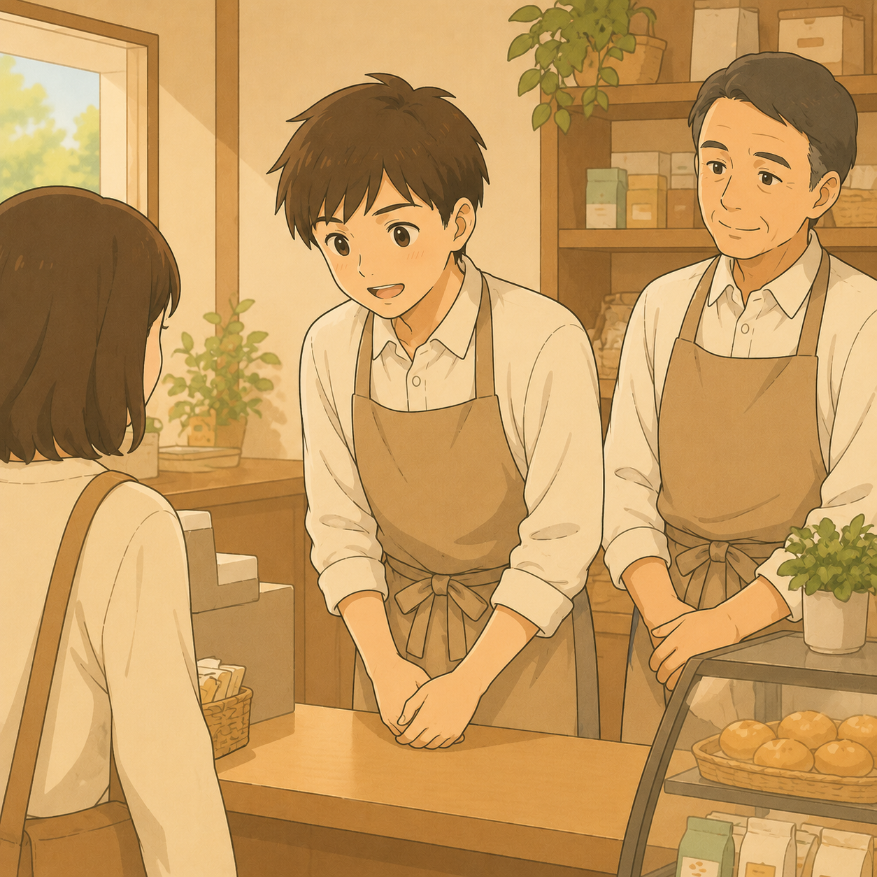 初めてのバイトで接客を練習する高校生と見守る先輩のイメージイラスト