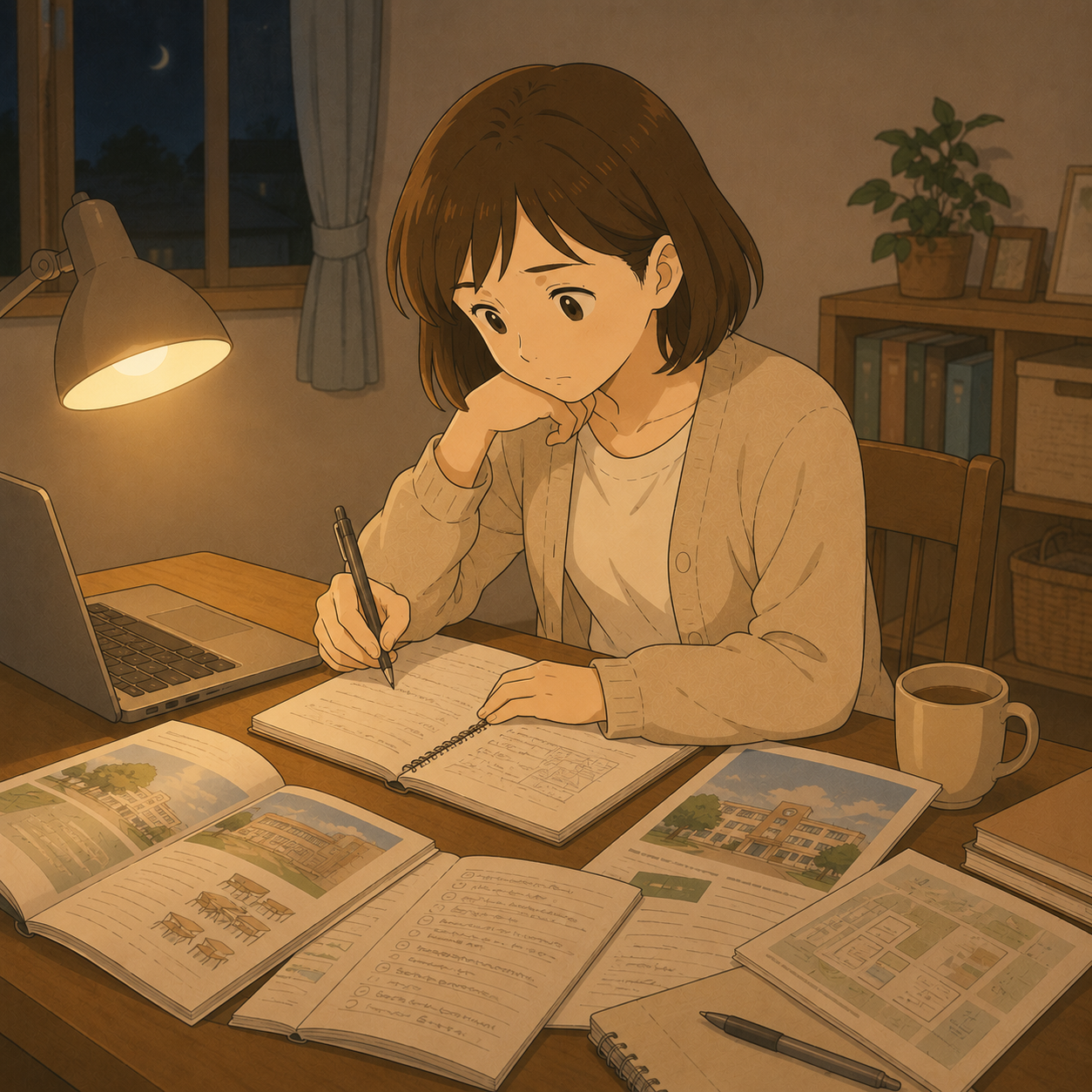 深夜に進路資料を広げて調べる母のイメージイラスト