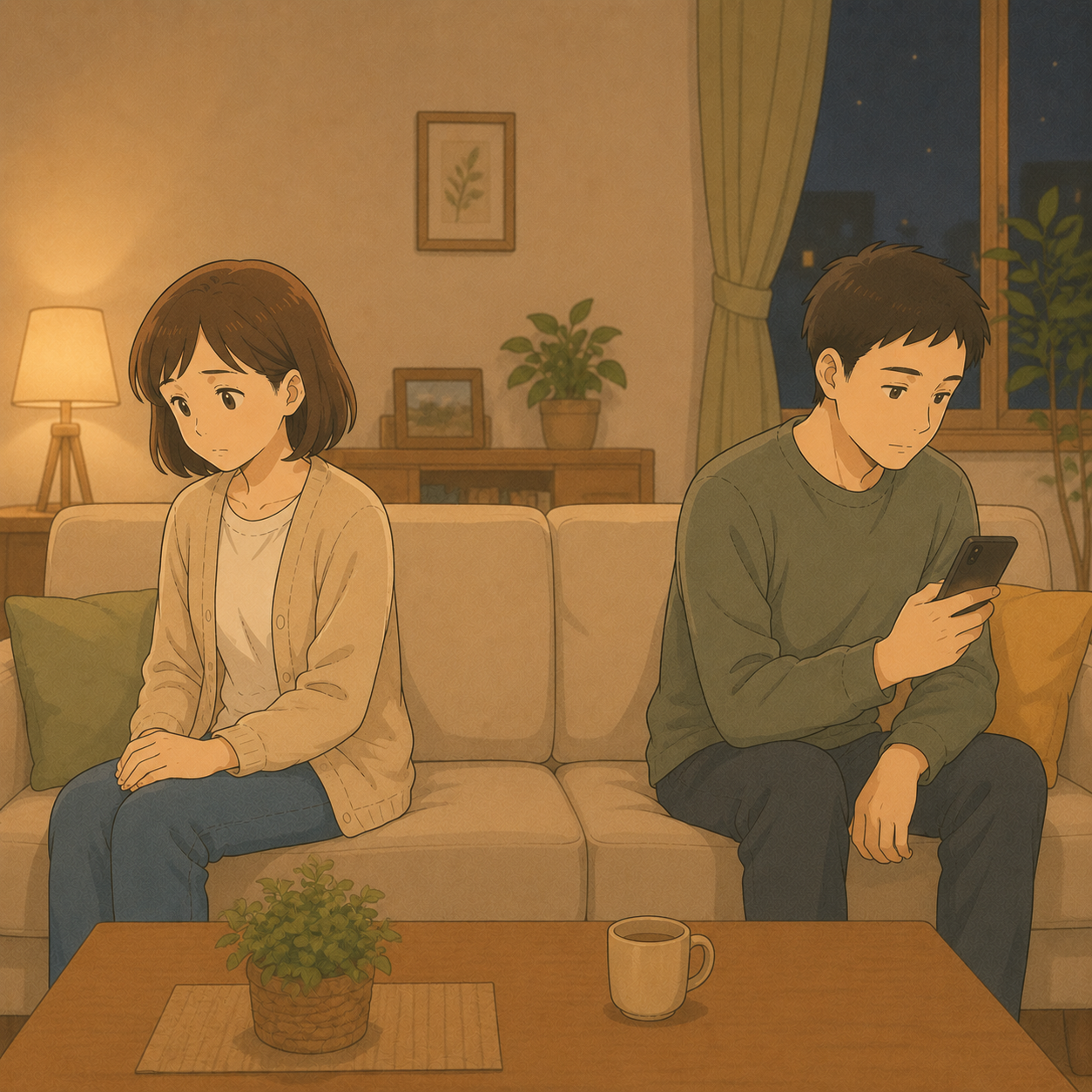 夜のリビングで少し距離のある夫婦のイメージイラスト