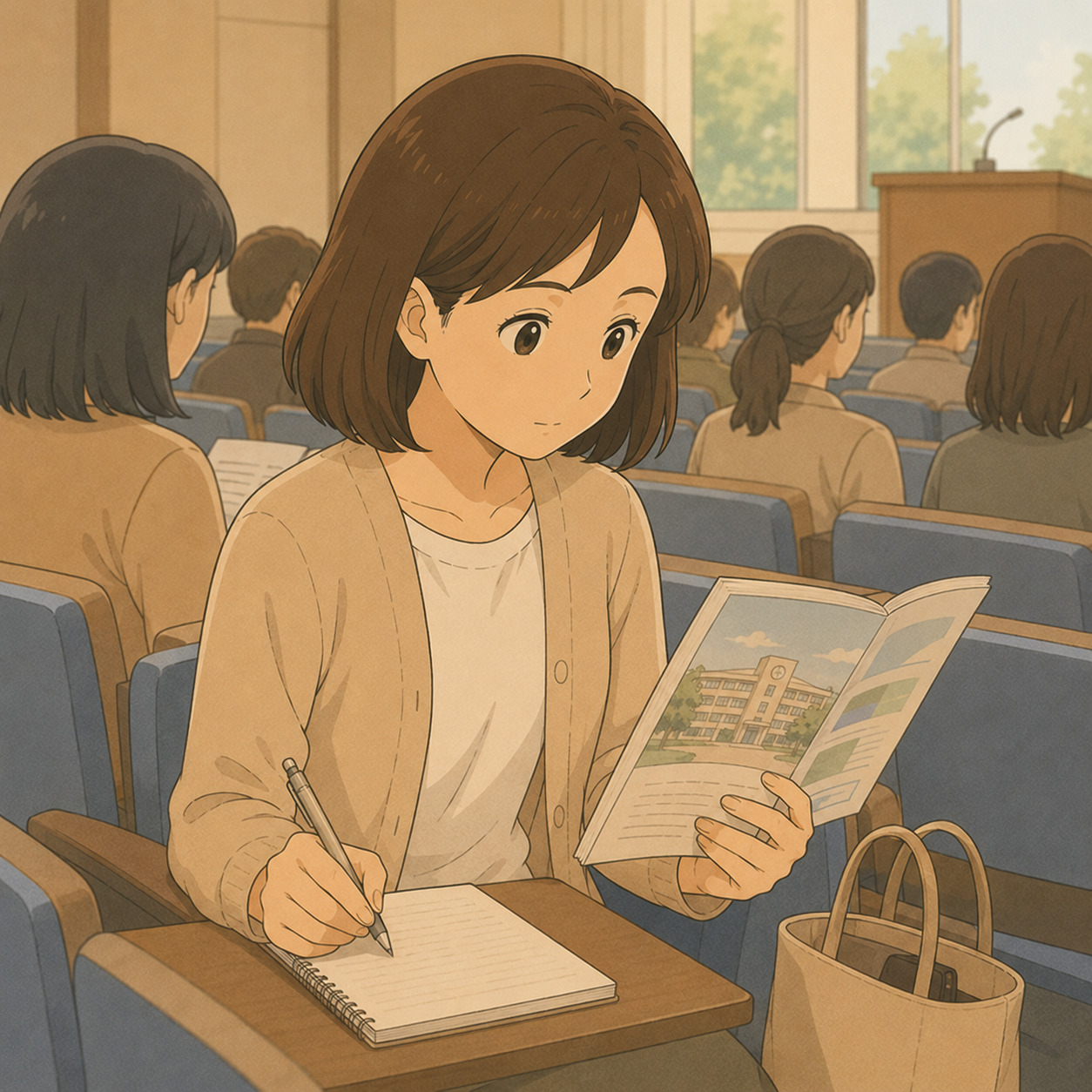学校説明会で資料を見ながらメモを取る母のイメージイラスト
