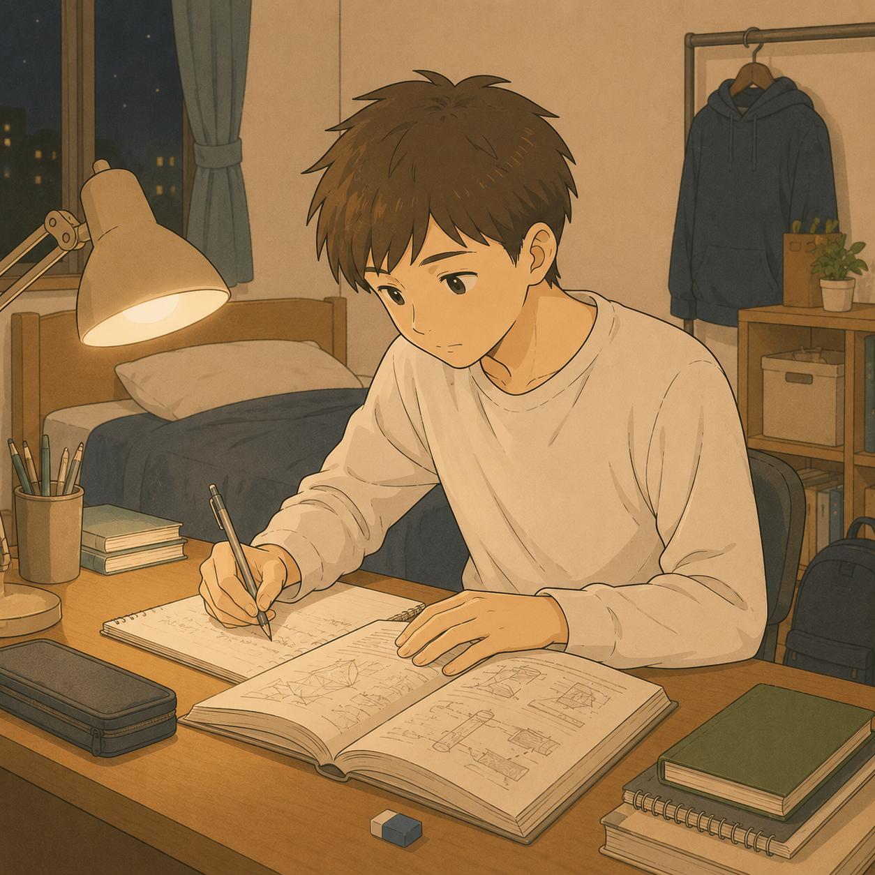 寮の机で専門書に集中して取り組む高専生のイメージイラスト