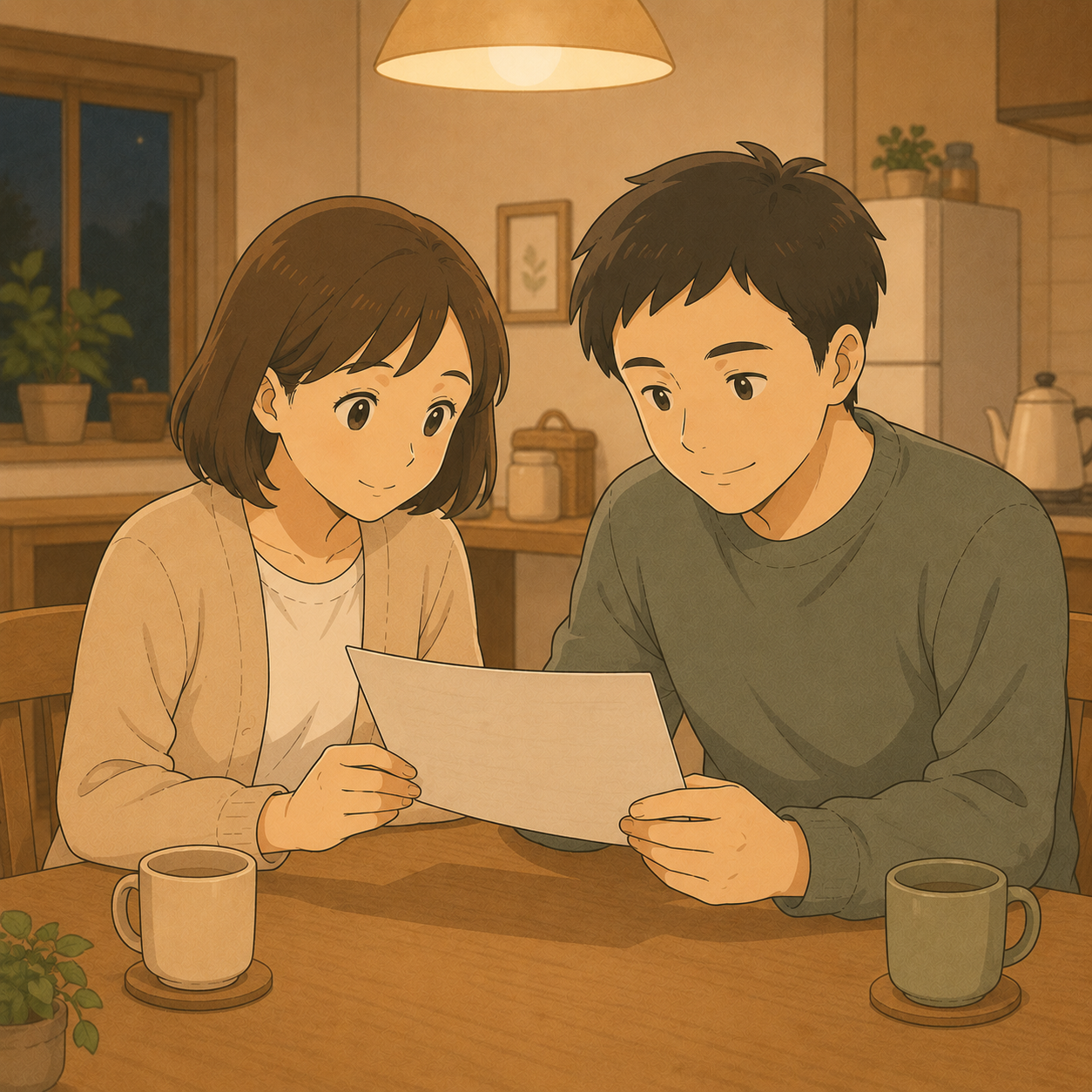夜の食卓で同じ書類を一緒に見る夫婦のイメージイラスト
