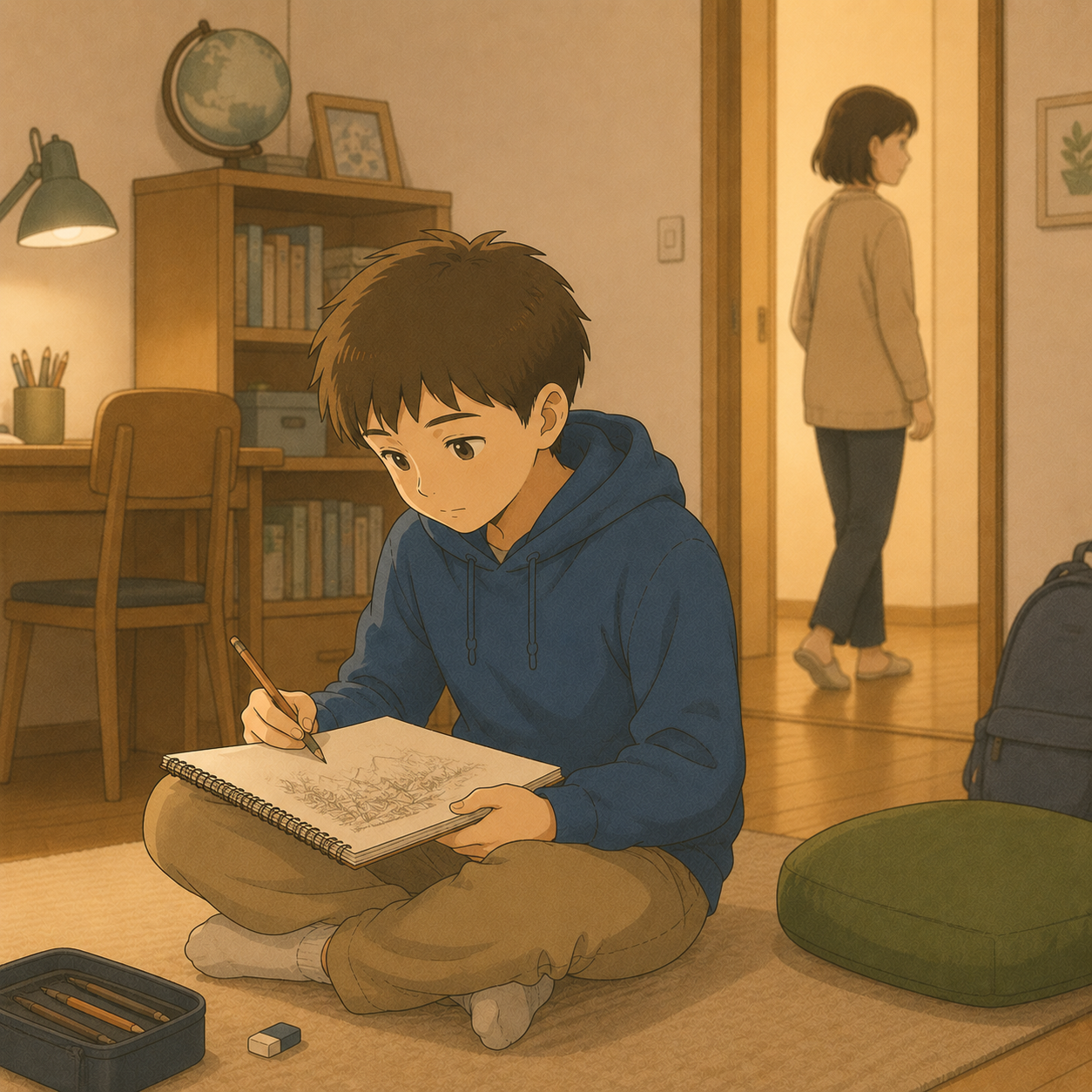 自室で穏やかに絵を描く中学生と干渉せず通り過ぎる母のイメージイラスト