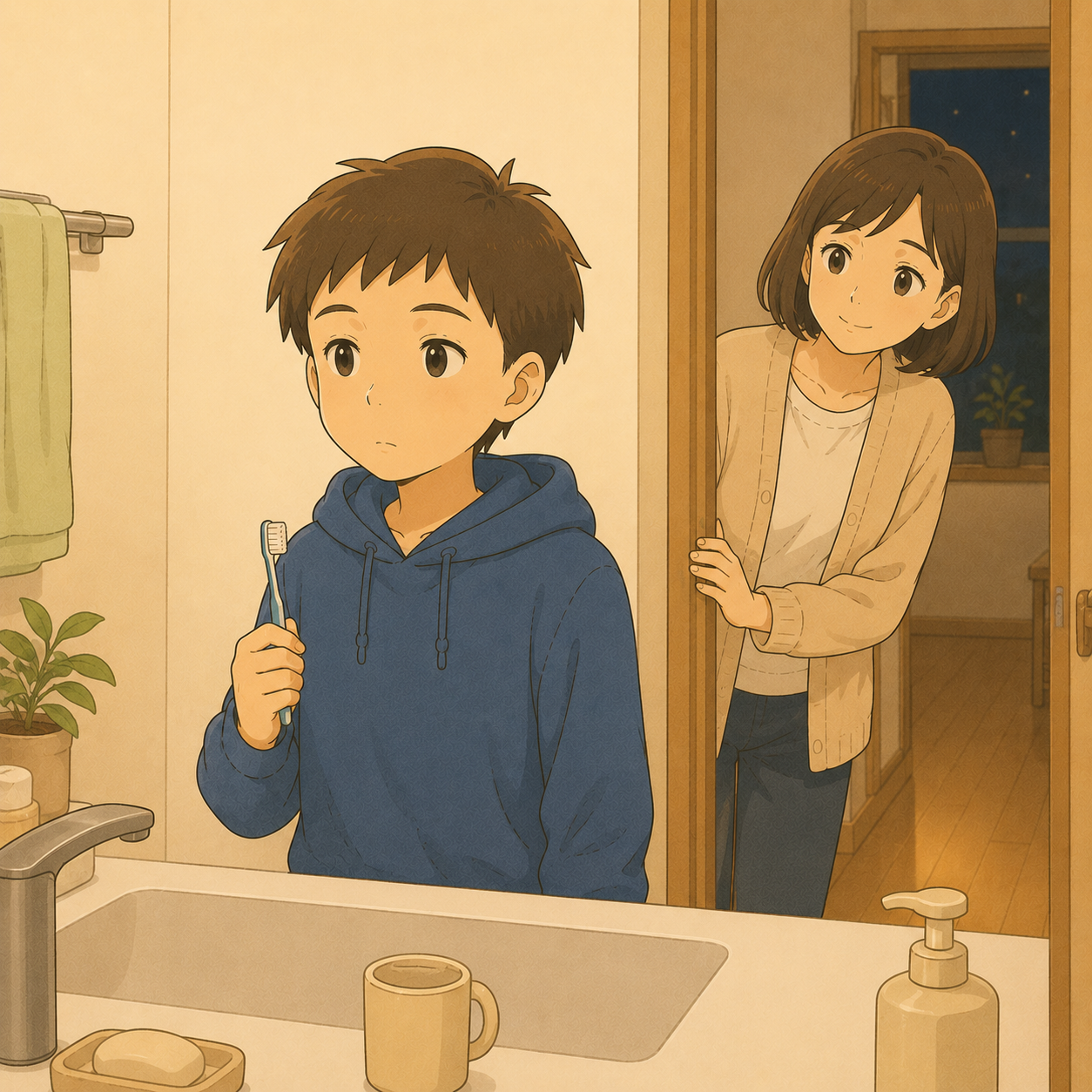 洗面所で歯ブラシを持ったまま止まる子と待つ母のイメージイラスト