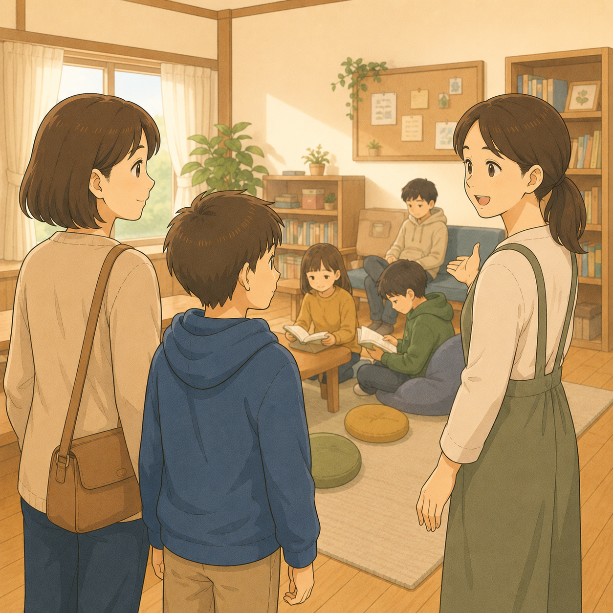 フリースクールを見学する母と子のイメージイラスト