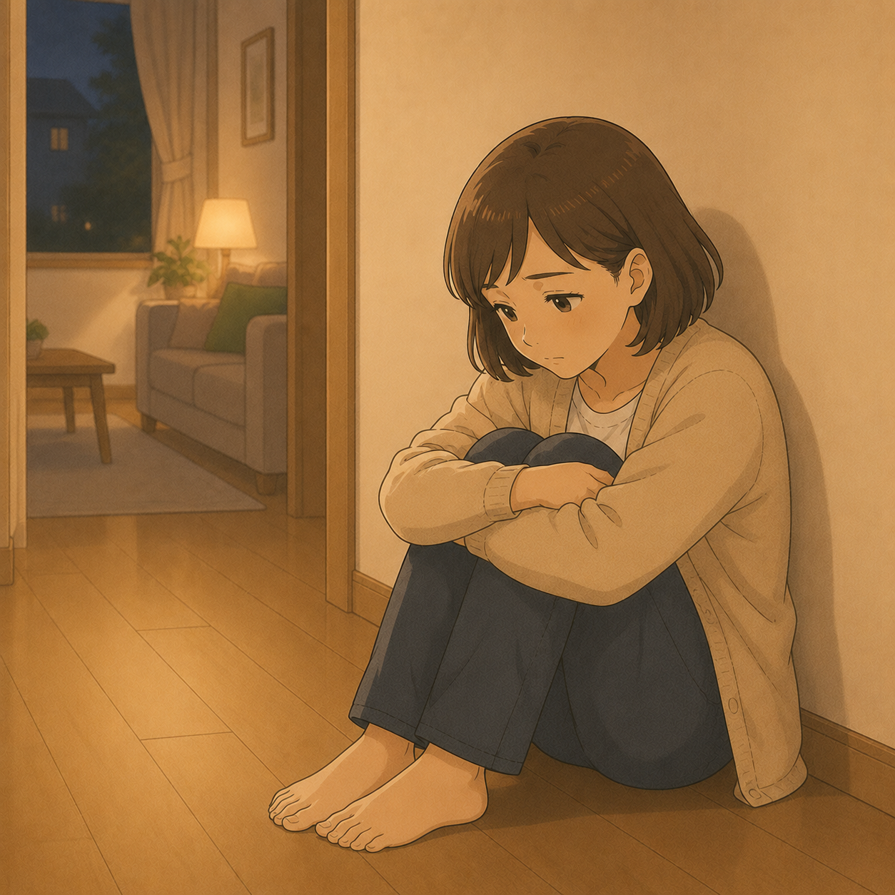 子どもに言いすぎたあと静かに反省する母のイメージイラスト