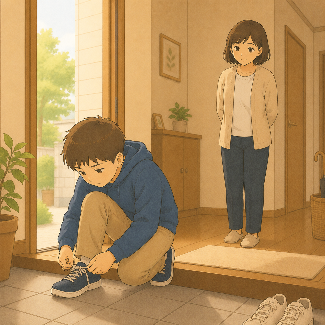 玄関で靴紐を結ぶ子を手を出さず見守る母のイメージイラスト