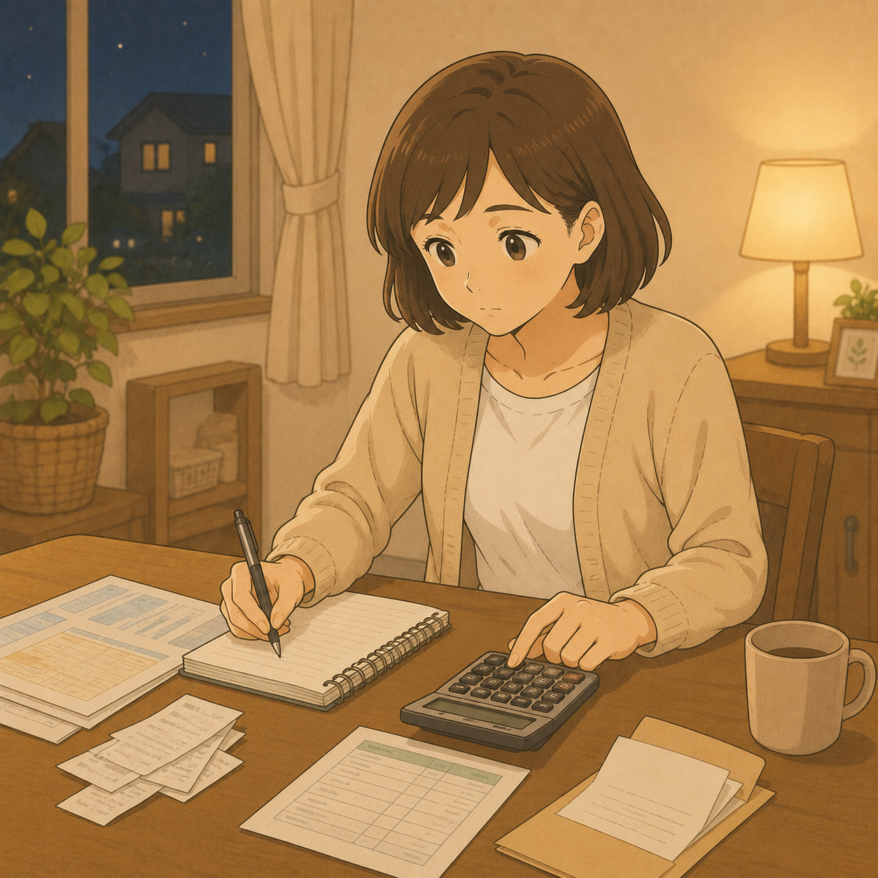 夜の食卓で電卓を使い高専の学費を計算する母のイメージイラスト