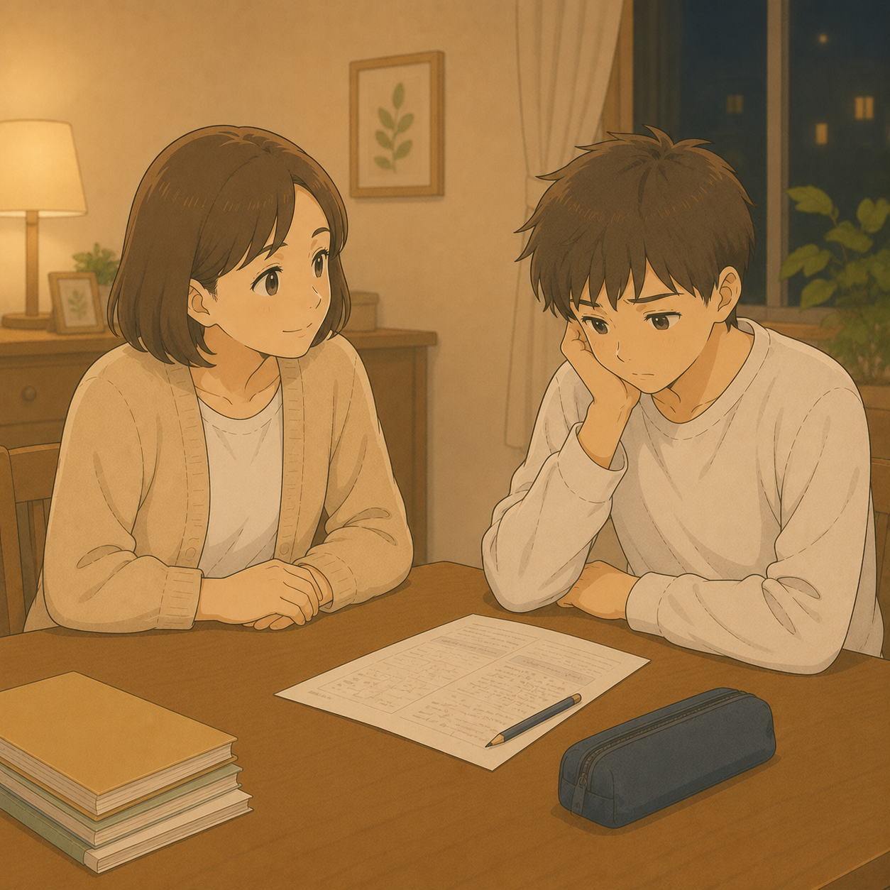 手つかずのプリントを前に動けない子と急かさず見守る母のイメージイラスト