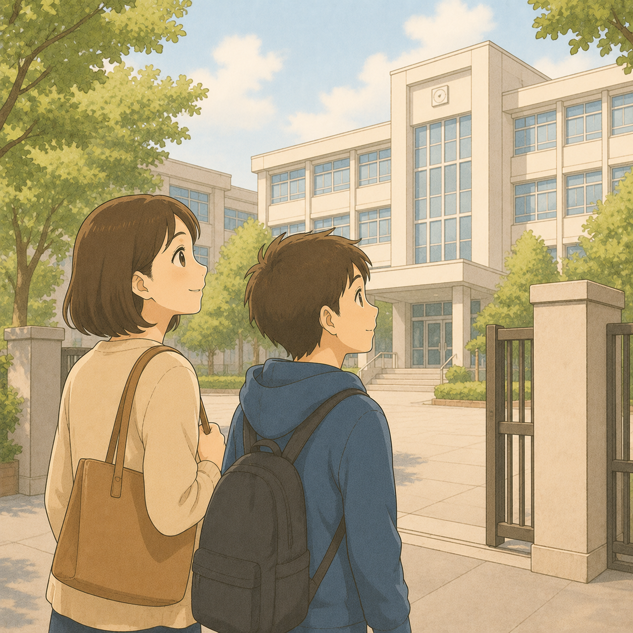 高校の校舎を見上げて学校見学をする母と中学生のイメージイラスト
