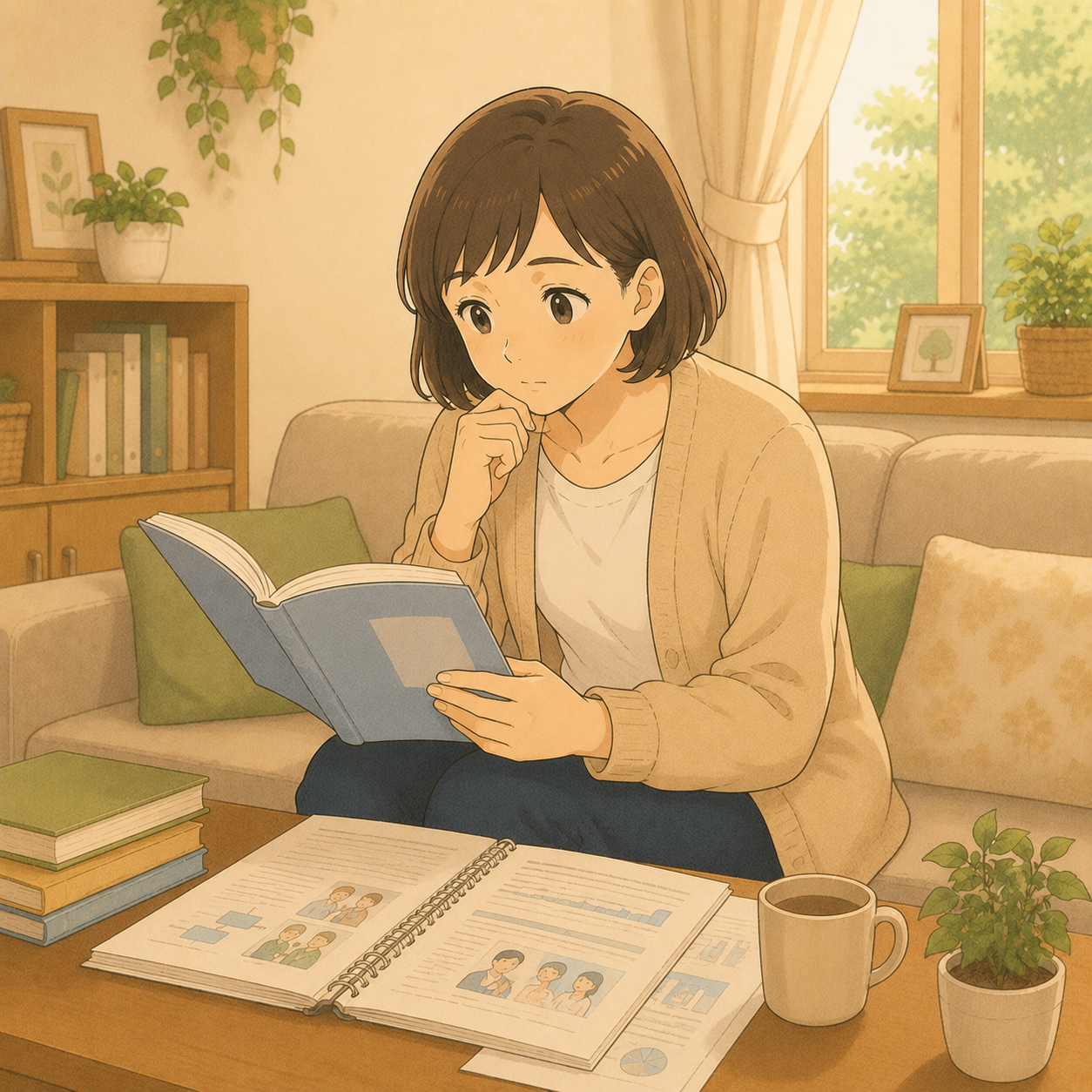 発達障害の診断について家で本や資料を読んで学ぶ母のイメージイラスト
