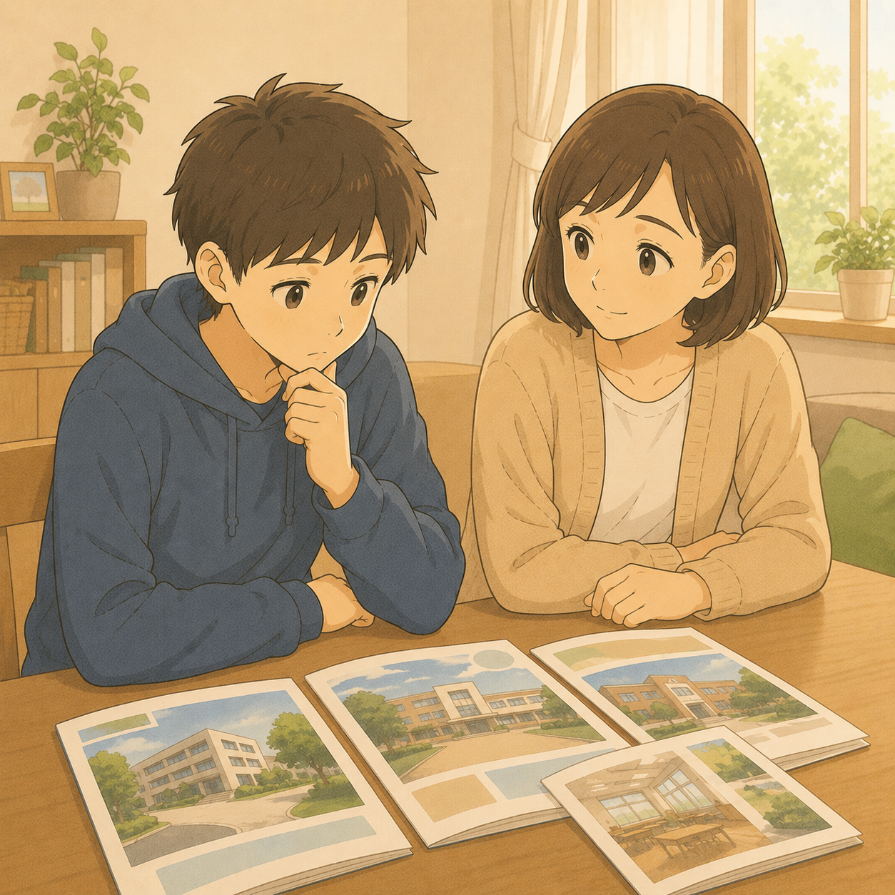 進路パンフレットを見て進路を考える中学生と母のイメージイラスト