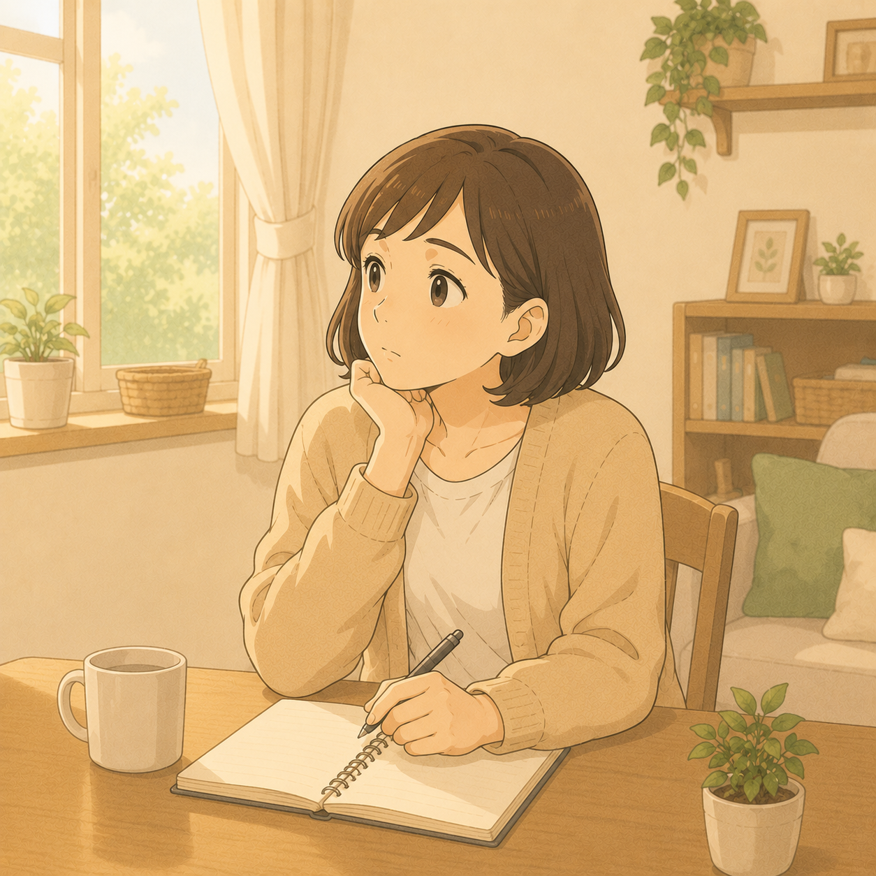 子の将来を一人で静かに考える母のイメージイラスト