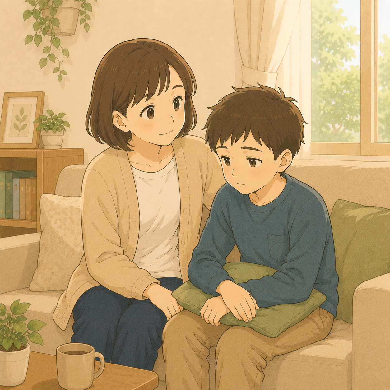 平日に家で過ごす子にそっと寄り添う母のイメージイラスト