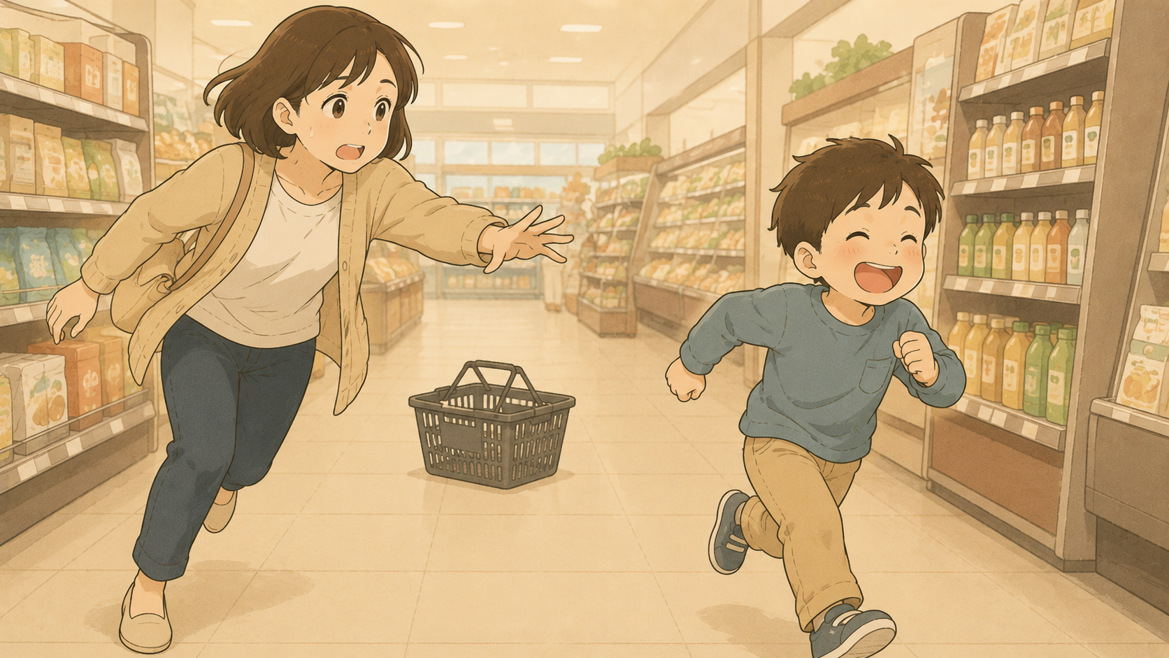 スーパーで走り出した子に手を伸ばす母のイメージイラスト