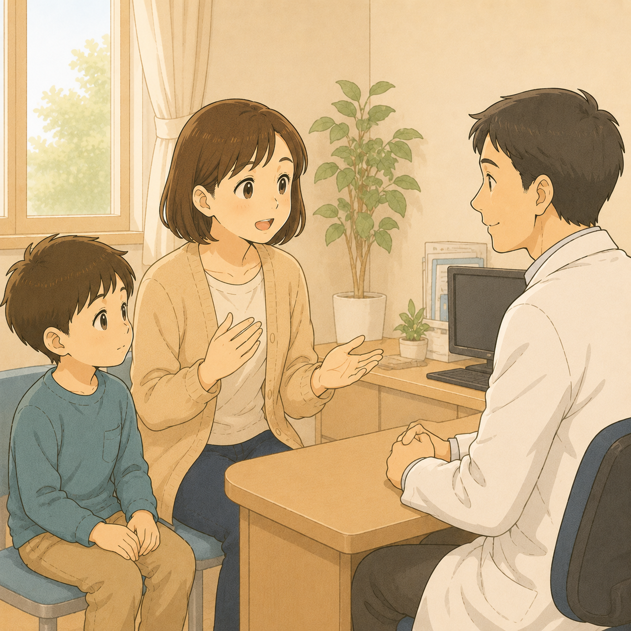 診察室で小児科医に相談する母と子のイメージイラスト