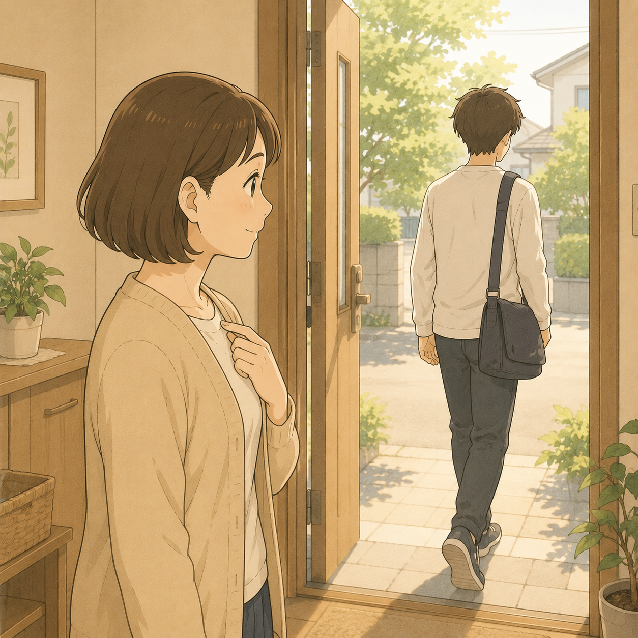 玄関で家を出る息子の背中を見送る母のイメージイラスト