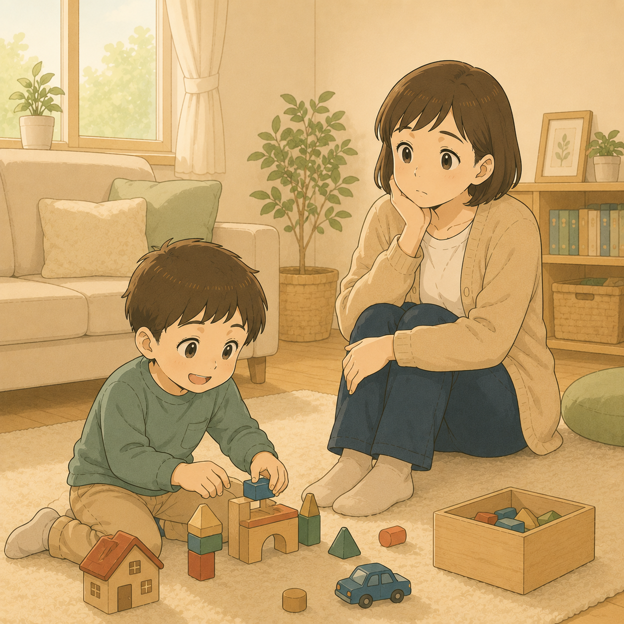 リビングで遊ぶわが子を見守る母のイメージイラスト