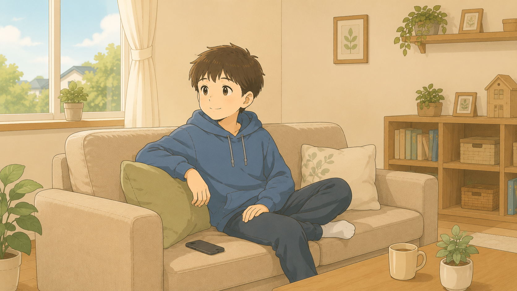 留守番中にリビングで一人くつろぐ発達障害の中学生男子