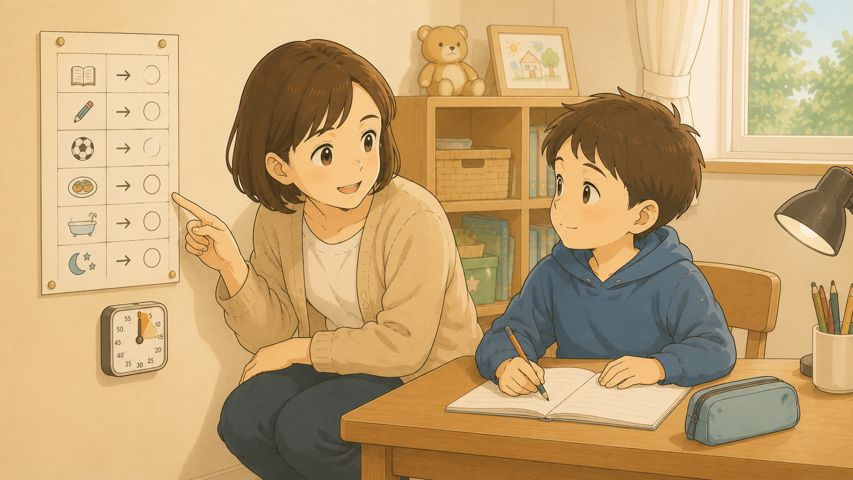 子どもの学習机の横で声かけする母（ペアトレ的な関わり）