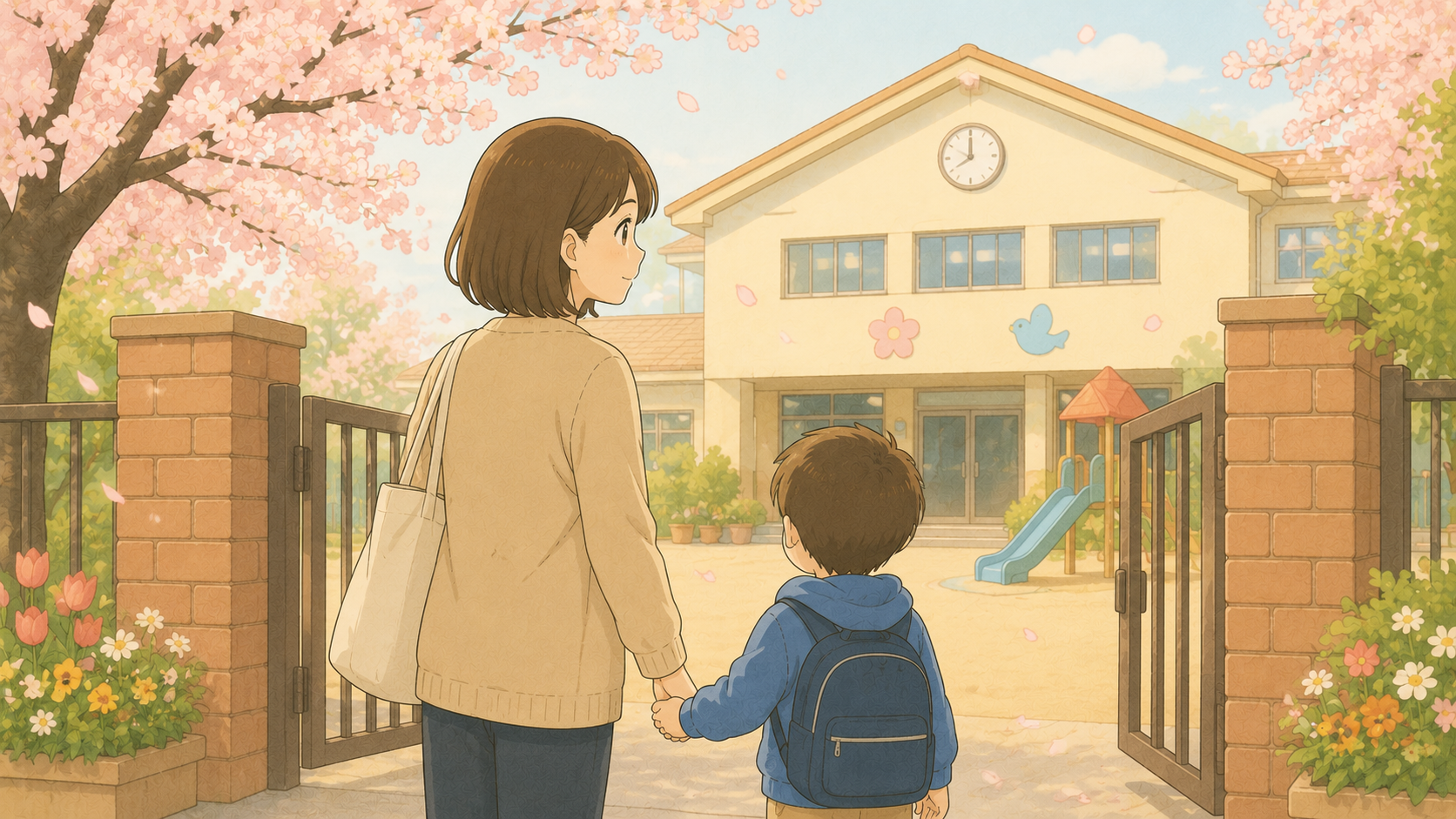桜咲く園の門の前で手をつなぐ母と幼児